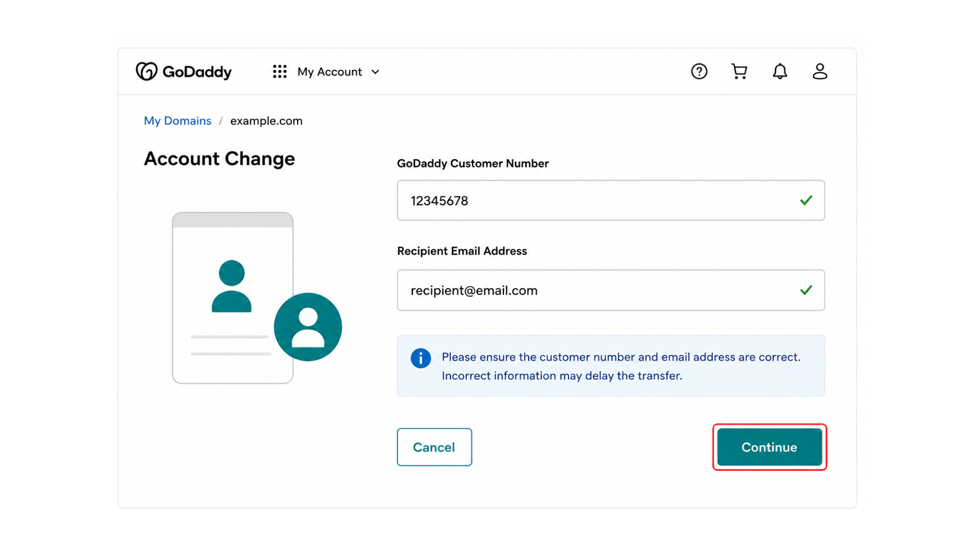 godaddy ownership transfer form displaying recipient customer number and email details