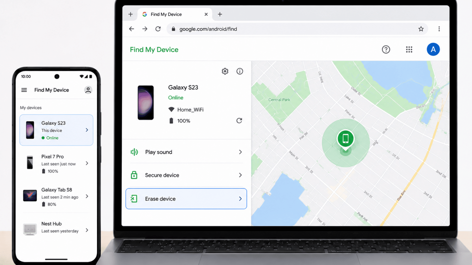 google find my device dashboard highlighting erase device option for remote factory reset