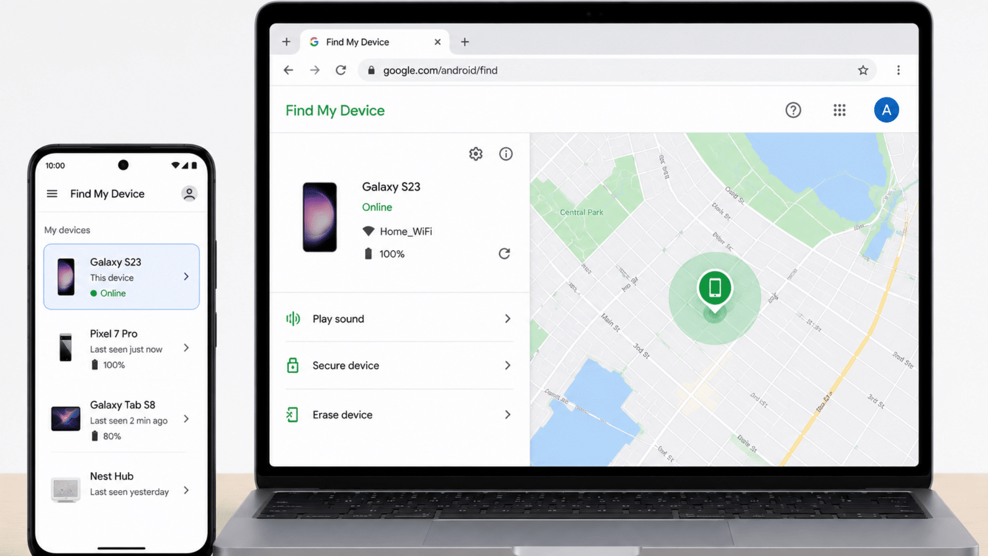 google find my device interface showing selected locked android phone with device status details