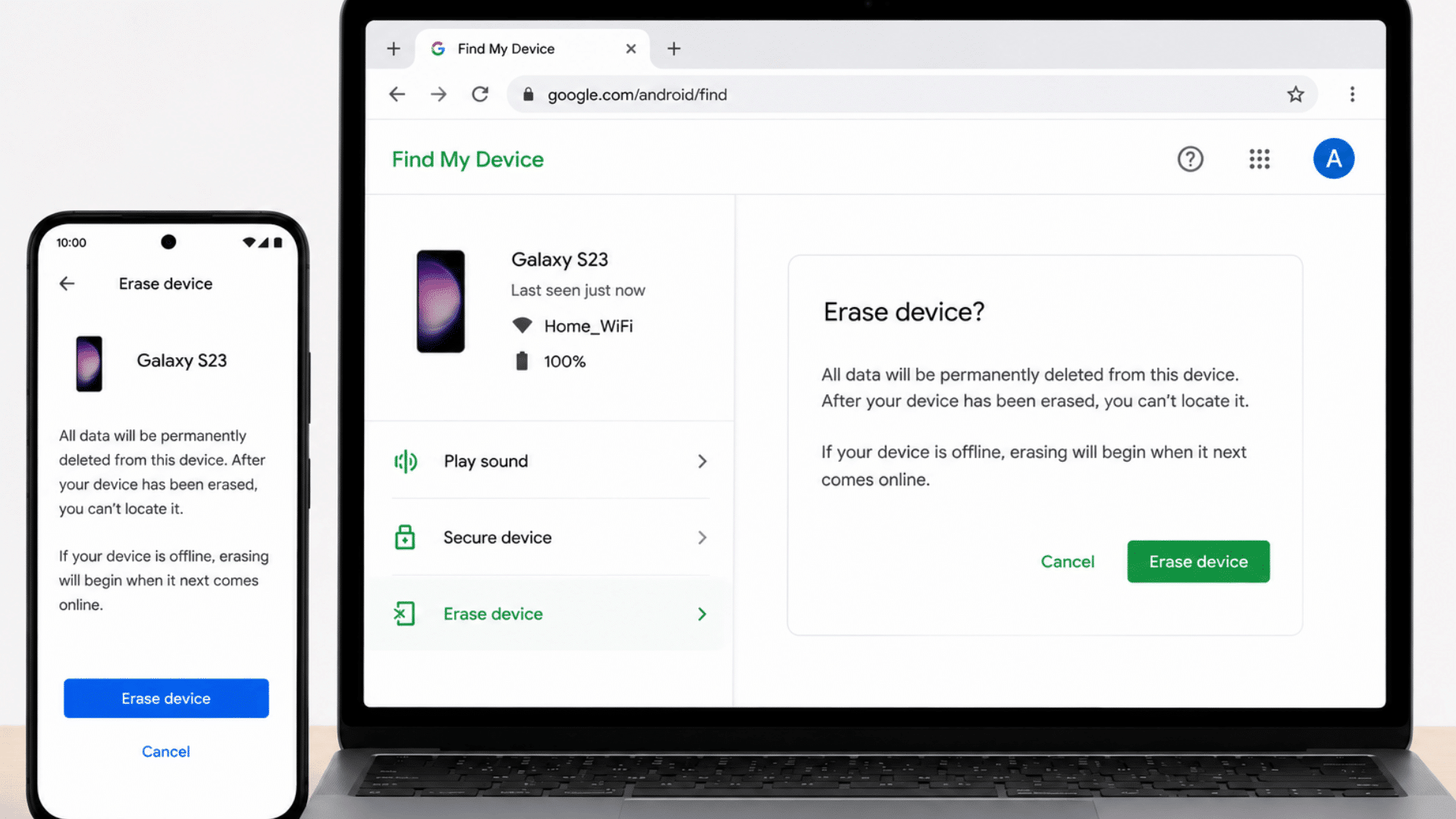 google find my device warning screen confirming permanent deletion of data from android phone
