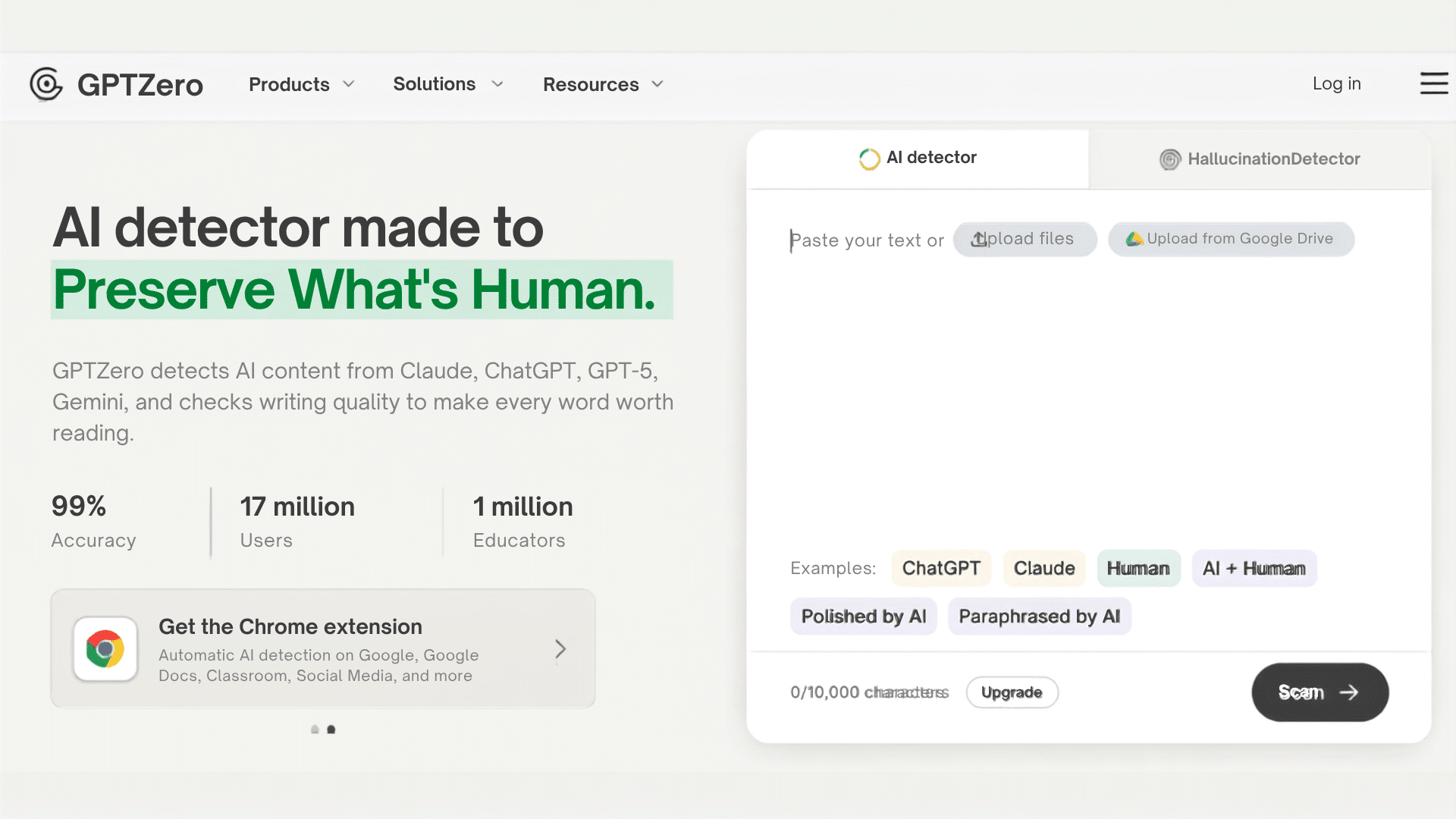 gptzero ai detector homepage showing a text analysis tool for checking writing for possible ai generated content