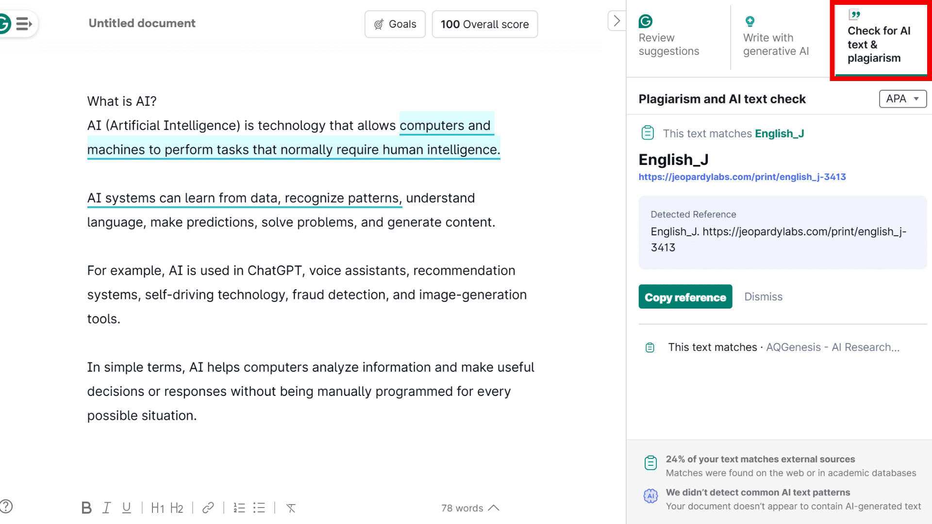grammarly editor showing plagiarism and ai text checking tools beside highlighted matches in a document