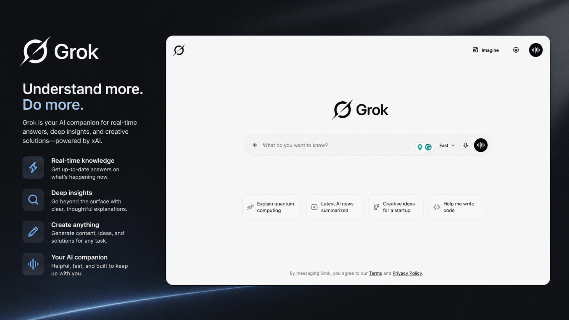 grok interface showing conversational ai workspace current information tools and fast response features