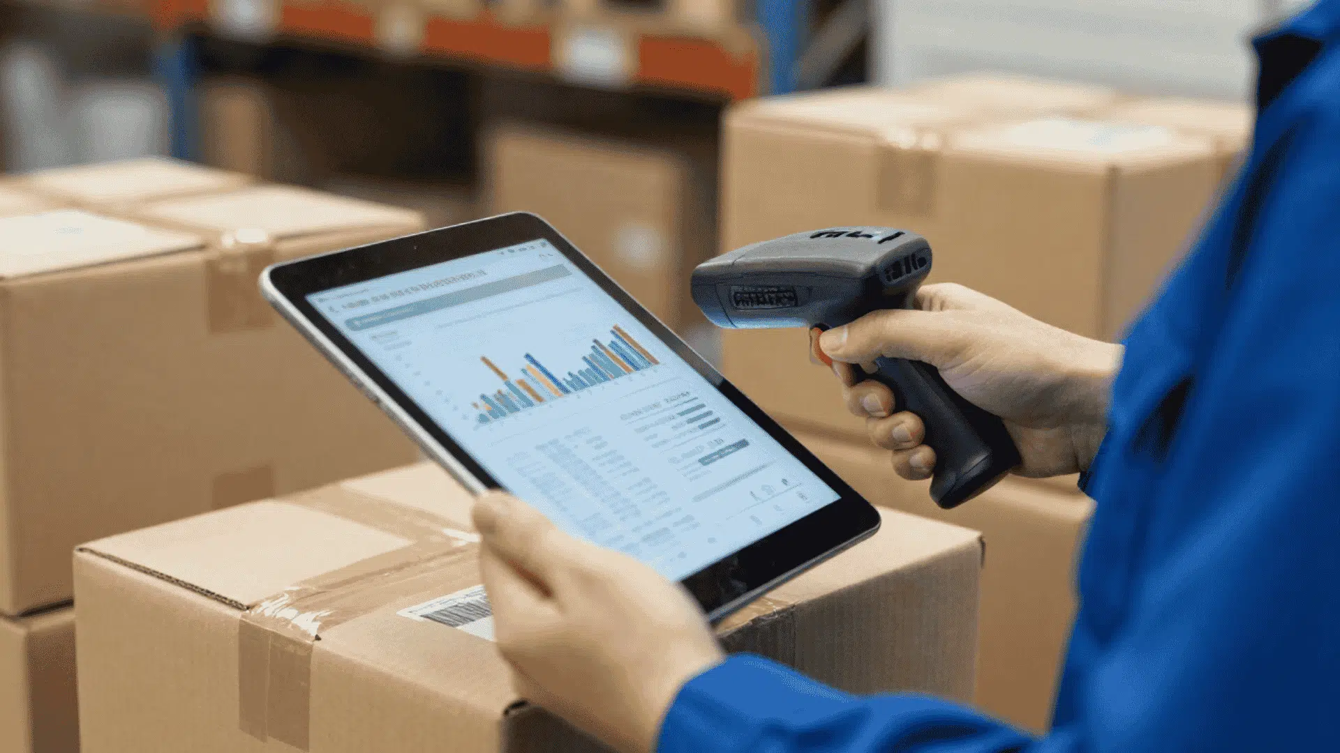 warehouse worker using an rfid scanner and tablet to track inventory data across stacked shipping boxes