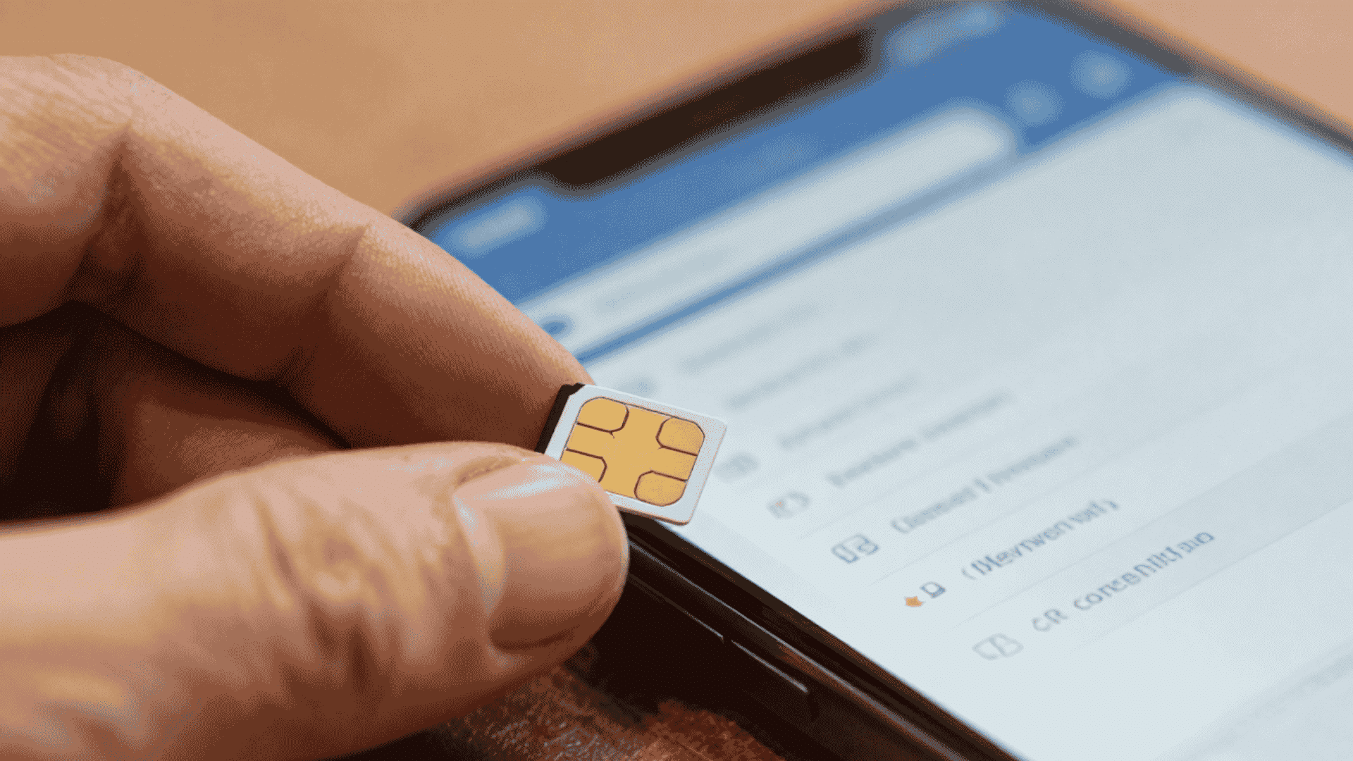 hand holding a small sim card beside a smartphone displaying mobile network settings screen