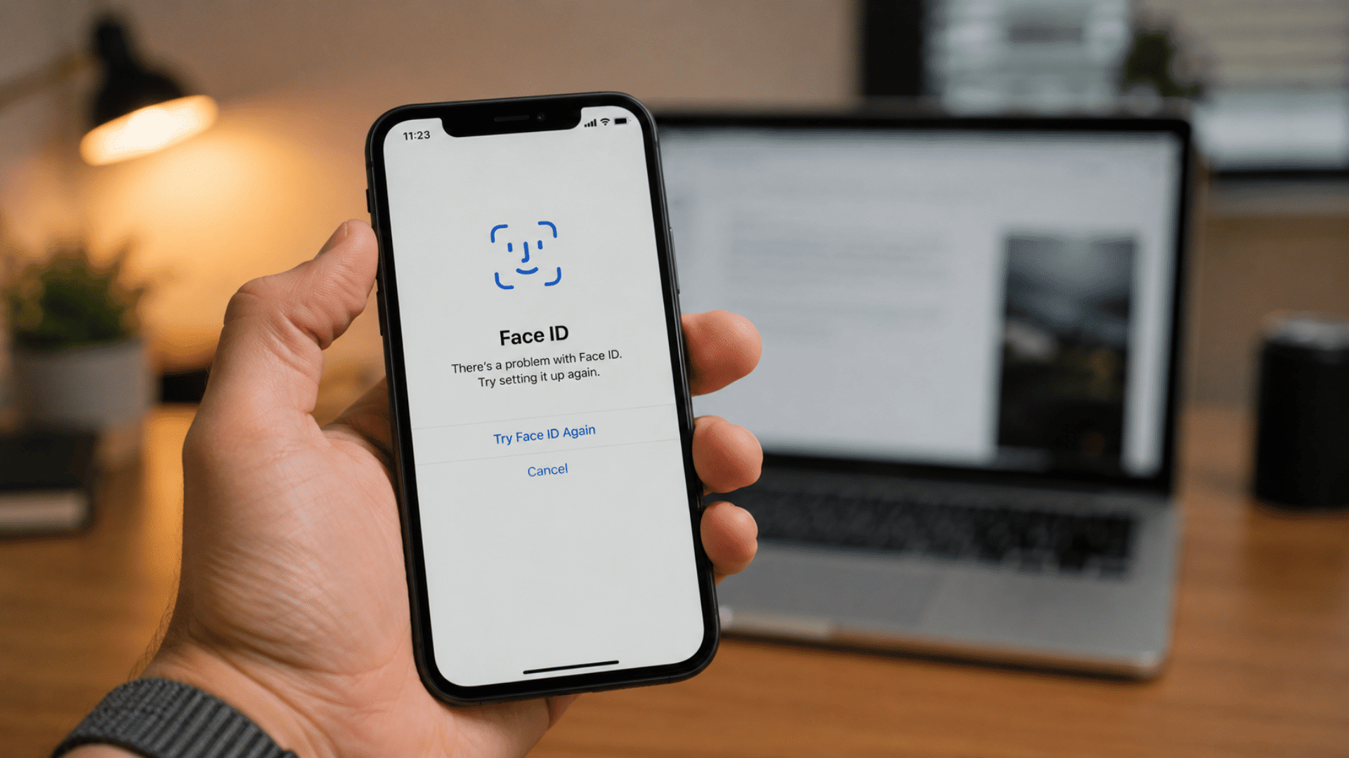 hand holding an iphone showing a face id setup error in front of a blurred laptop on a softly lit wooden desk indoors