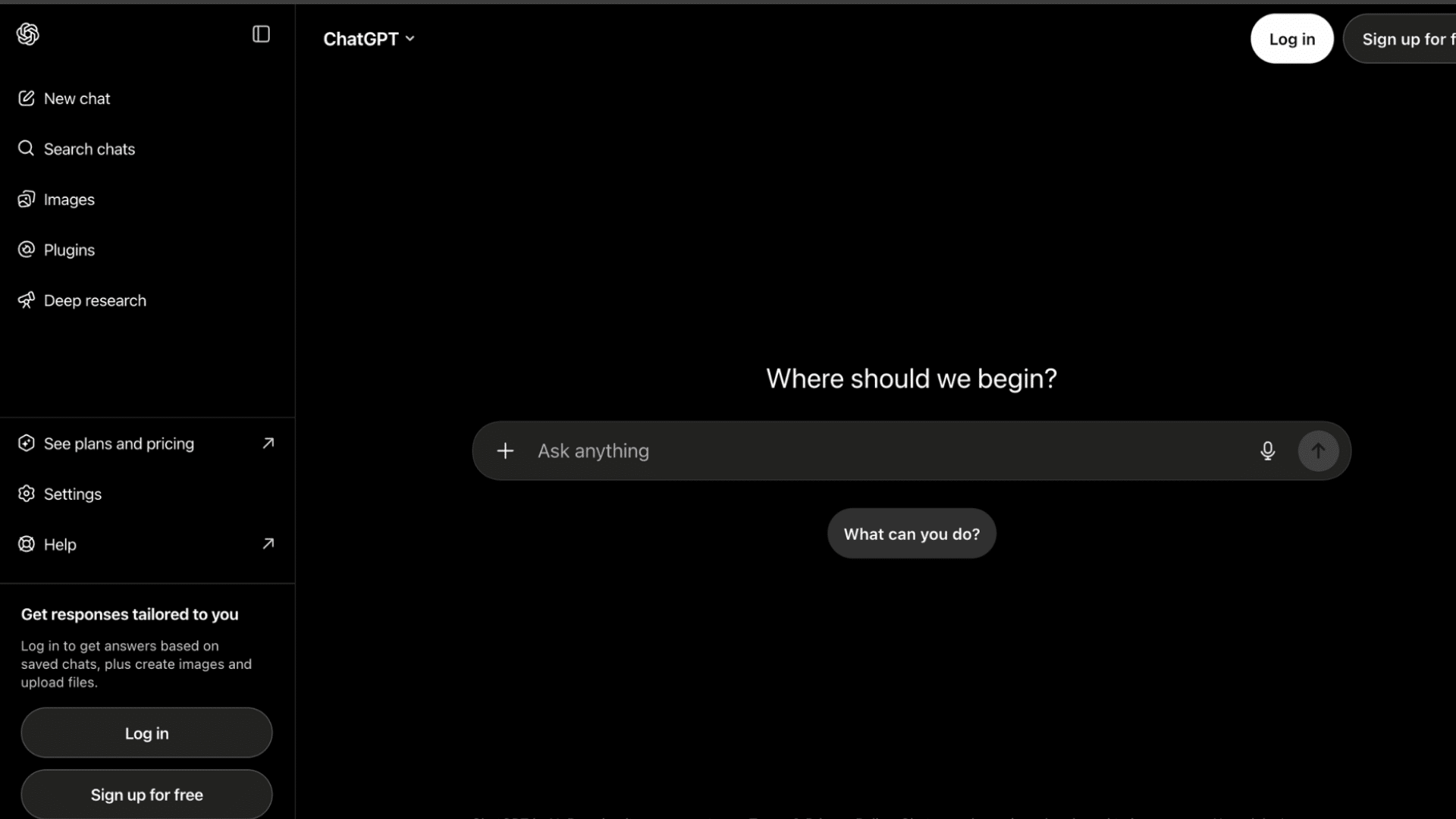 the chatgpt homepage showing a central search bar with sign in and sign up