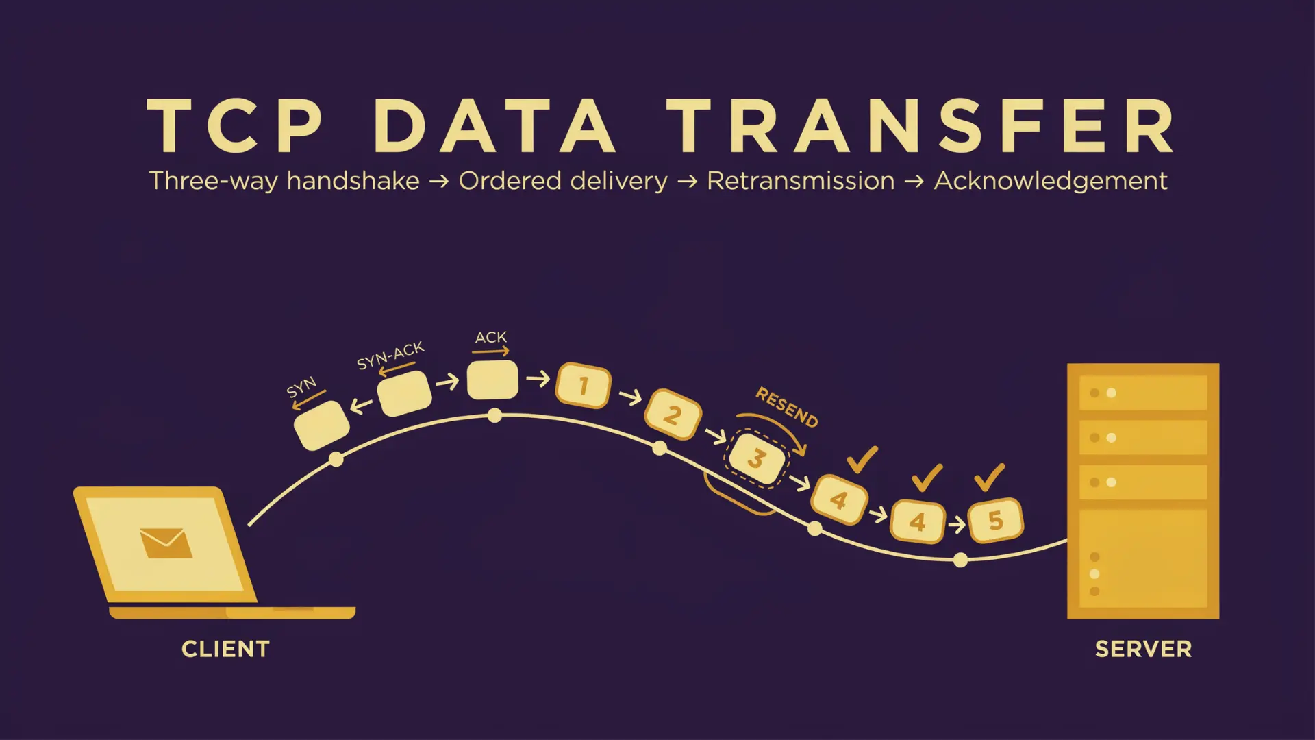 vector graphic showing a computer and server exchanging ordered tcp packets across a network
