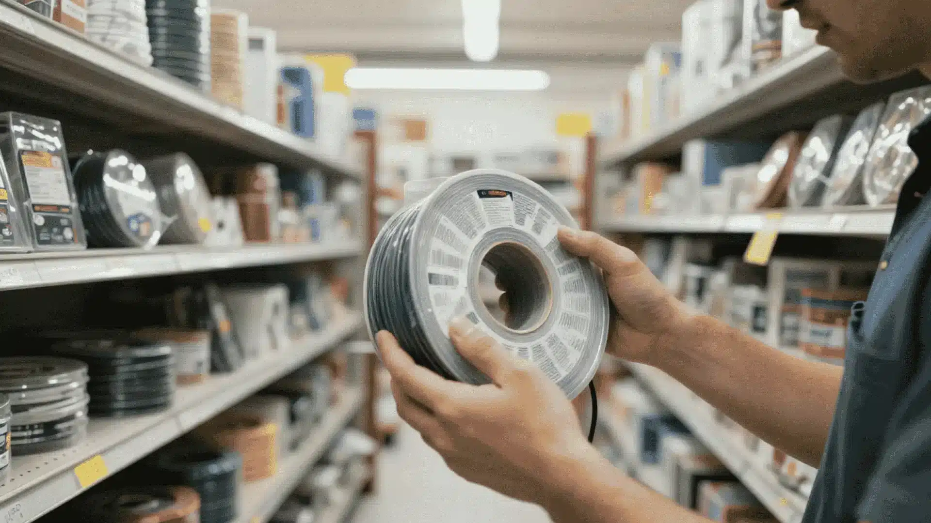 person compares a large roll of cable while shopping in a hardware store aisle for the right type