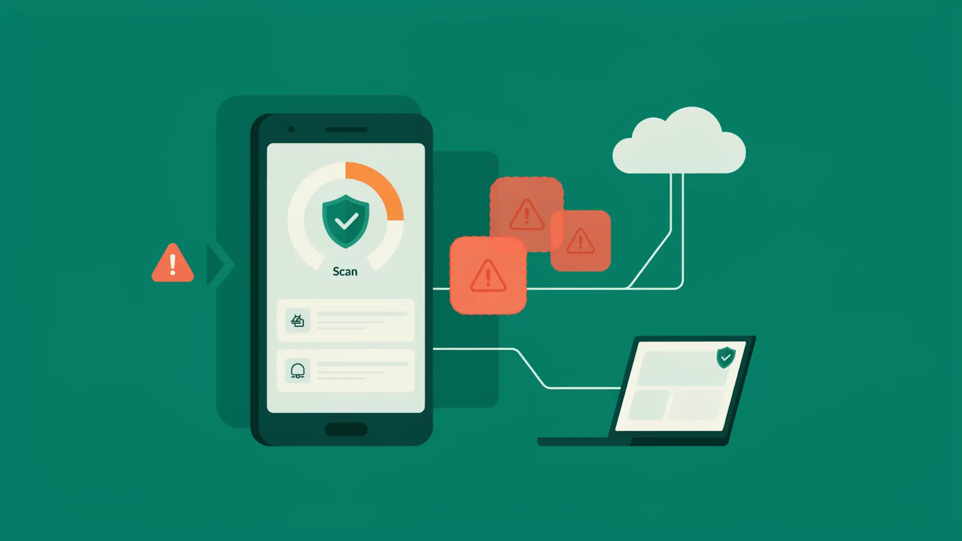 vector android malware removal scene with phone scan shield laptop and unsafe apps removed