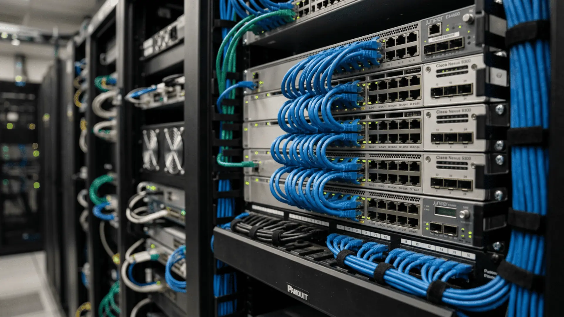 rows of network switches with blue ethernet cables neatly connected inside a brightly lit server rack