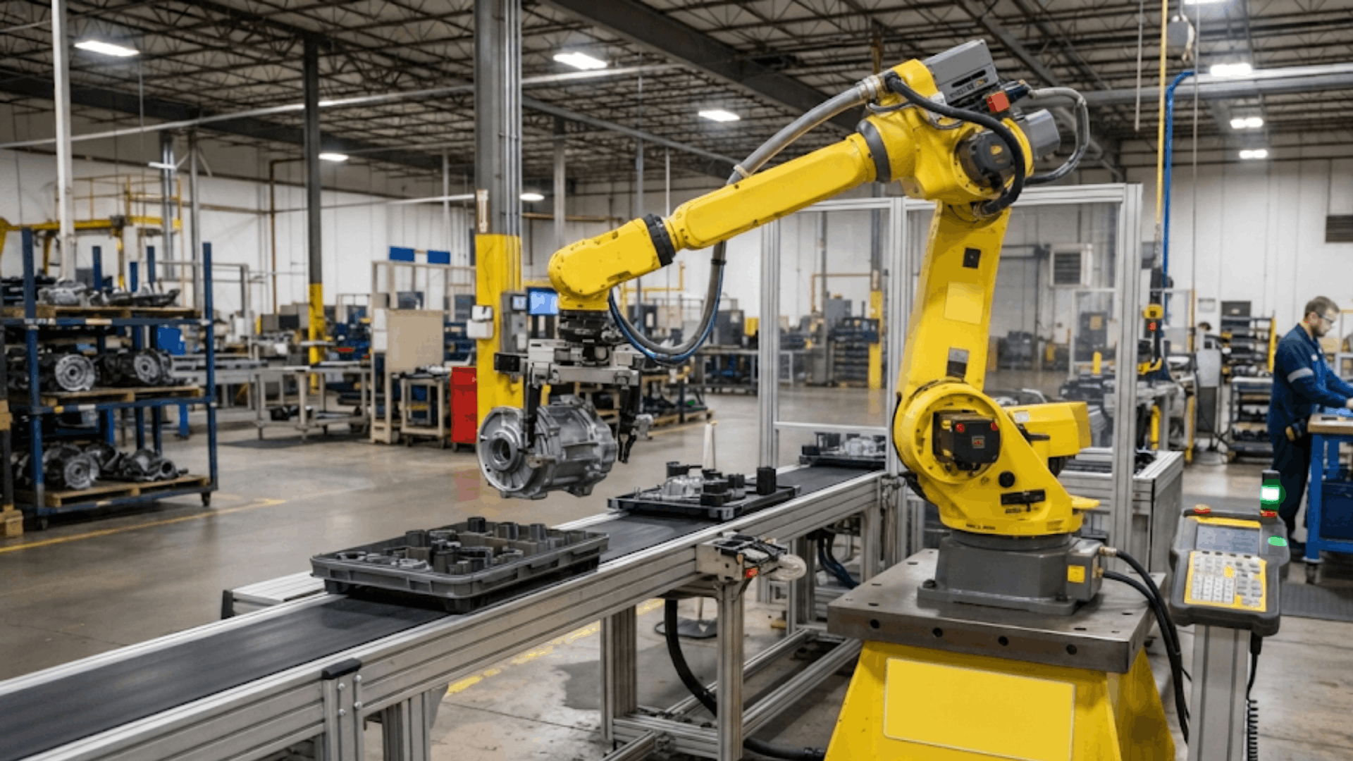 industrial robotic arm working on a manufacturing assembly line with conveyor belt machinery and factory equipment in background