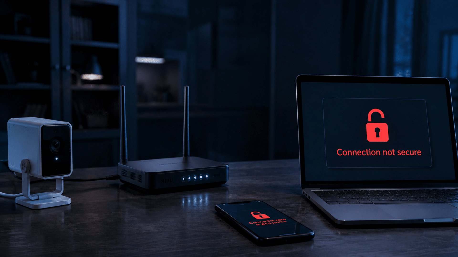 insecure connection warning displayed on a laptop and smartphone beside connected smart home devices