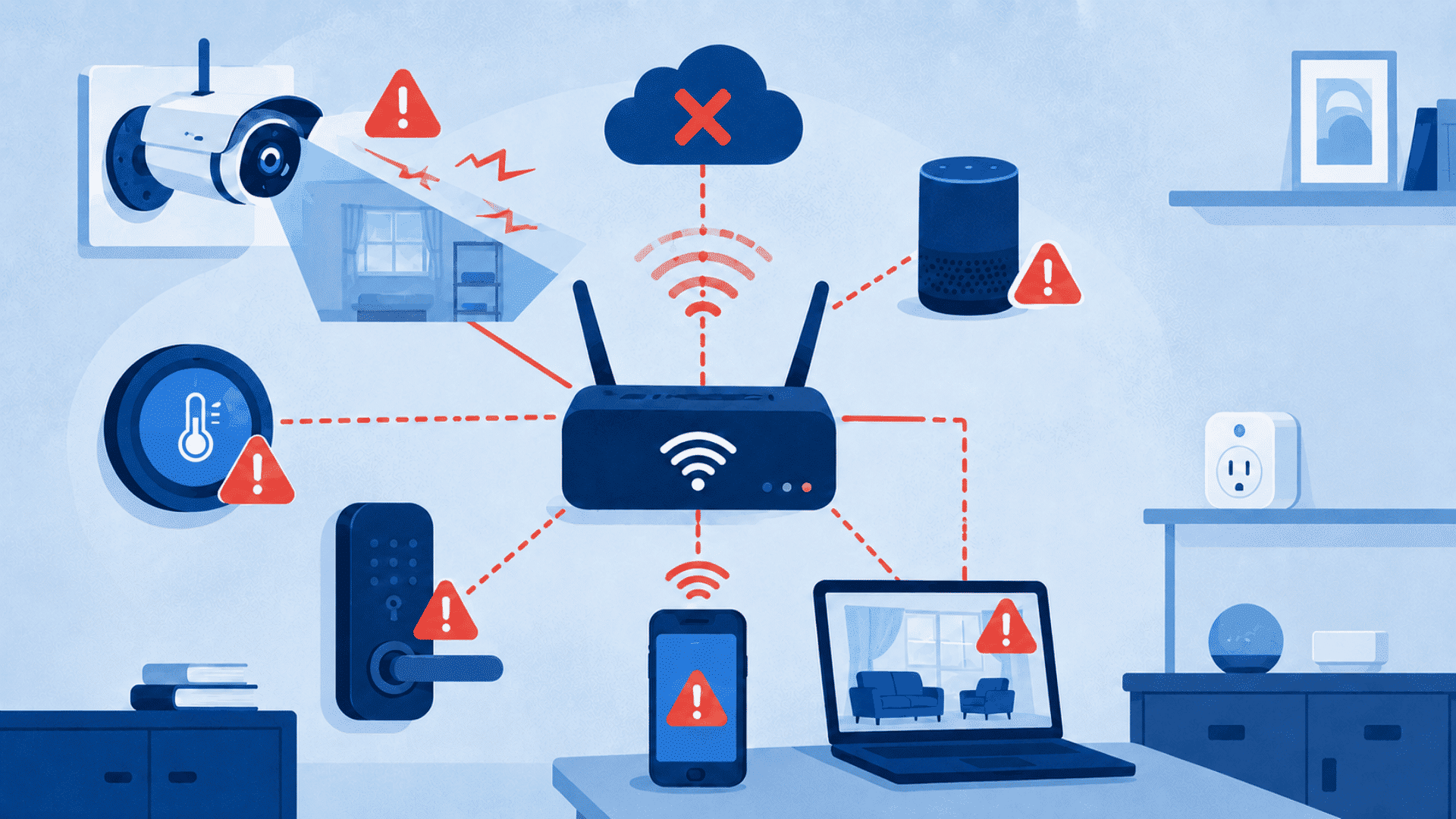 blue illustration showing connected smart devices exposed to security privacy and reliability risks