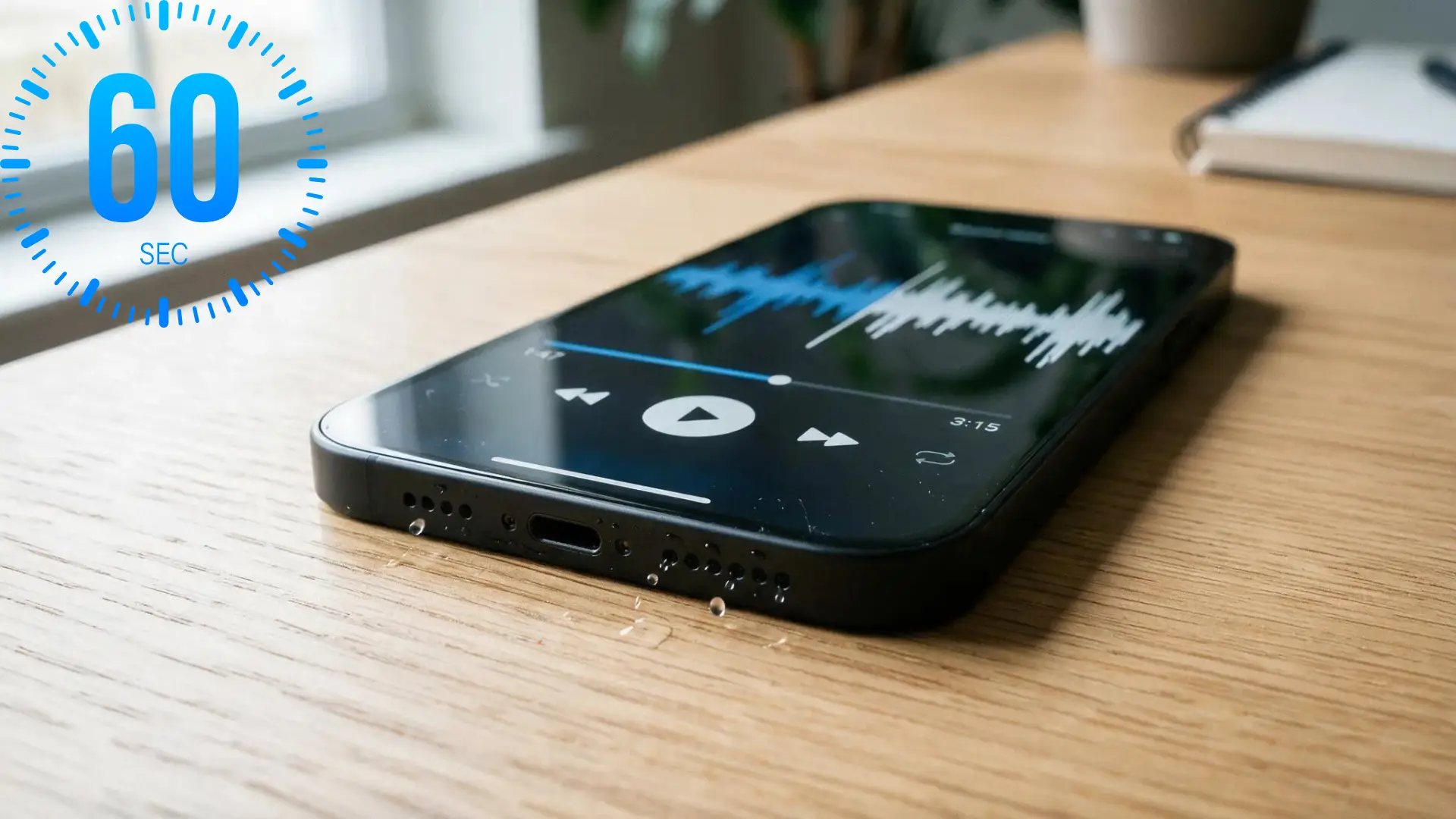 iPhone playing an audio waveform with water droplets near the speaker grille and charging port, with a 60-second timer graphic showing the water eject sound running its full duration.