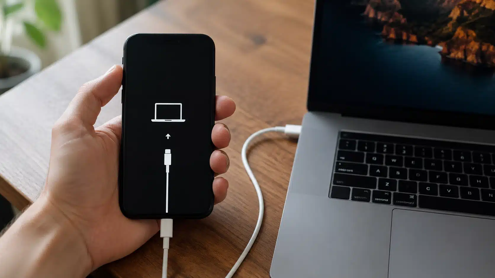 hand holding an iphone showing the apple logo while connected to a laptop during a force restart
