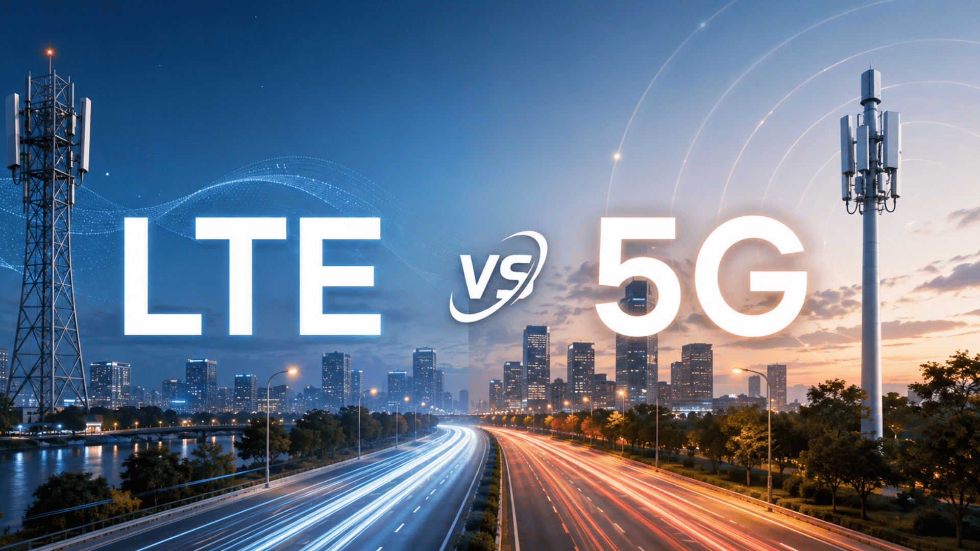 lte and 5g comparison with cell towers city skyline and speedy mobile network light trails