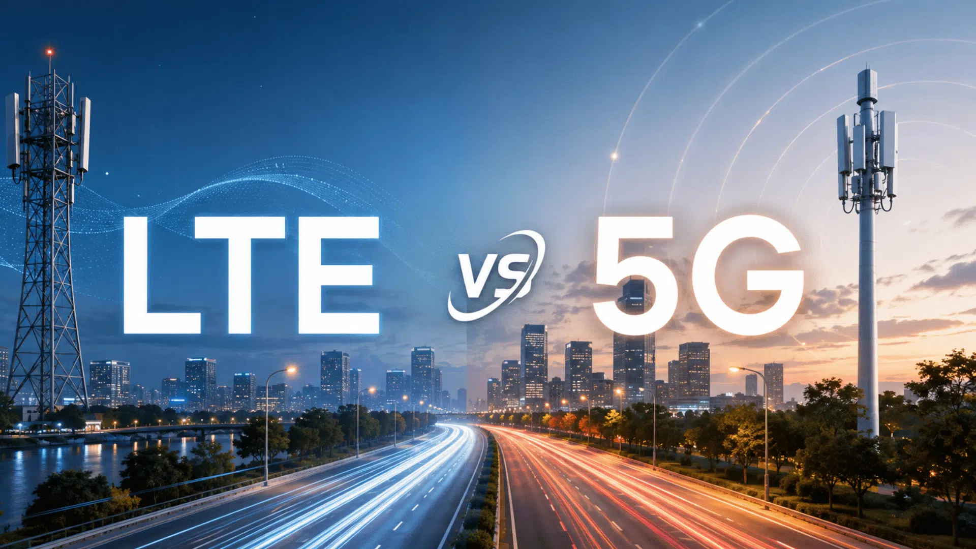 lte and 5g comparison with cell towers city skyline and speedy mobile network light trails