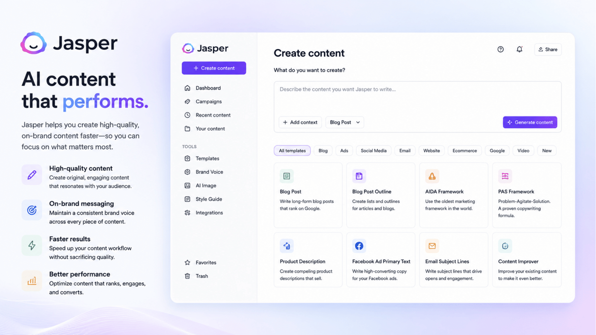 jasper ai dashboard showing marketing workflows content creation tools and business productivity features