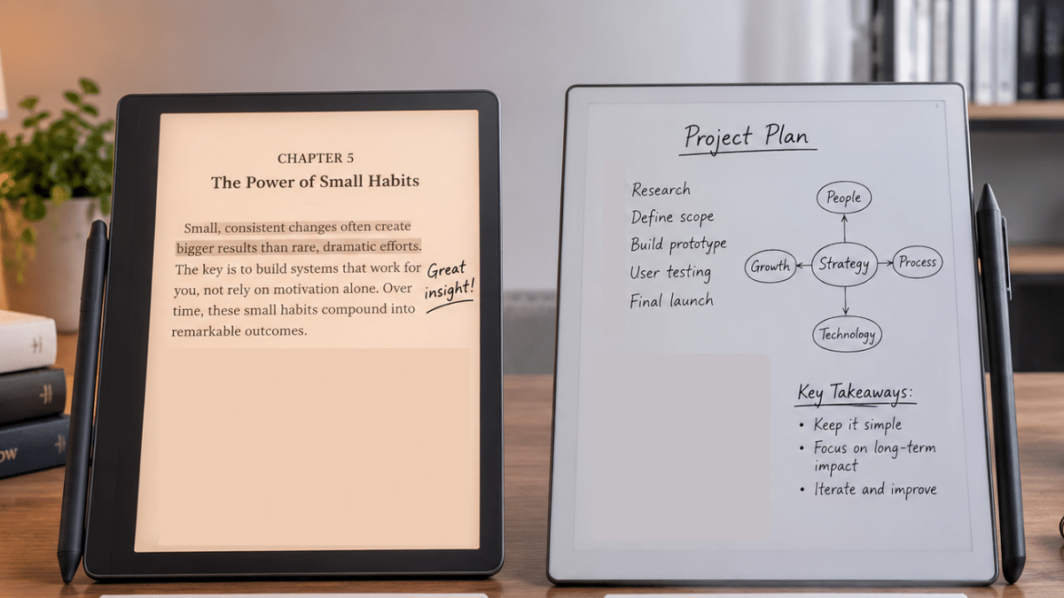 side by side comparison of kindlescribe and remarkable digital writing tablets on a modern workspace