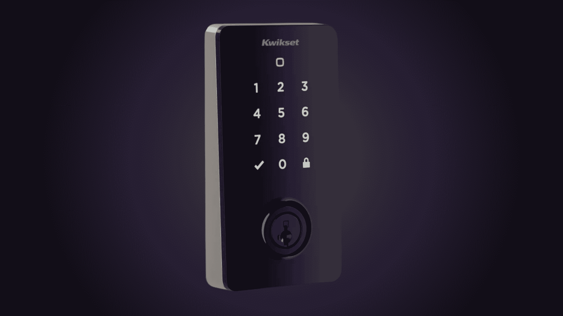 kwikset touchscreen keypad smart lock with keyhole shown on a plain dark purple background