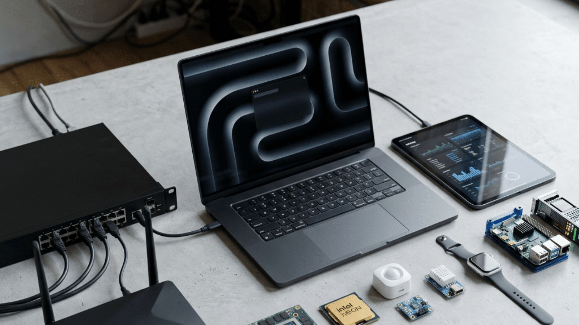 laptop connected to networking equipment beside a tablet smartwatch sensors and computer chips on a worktable