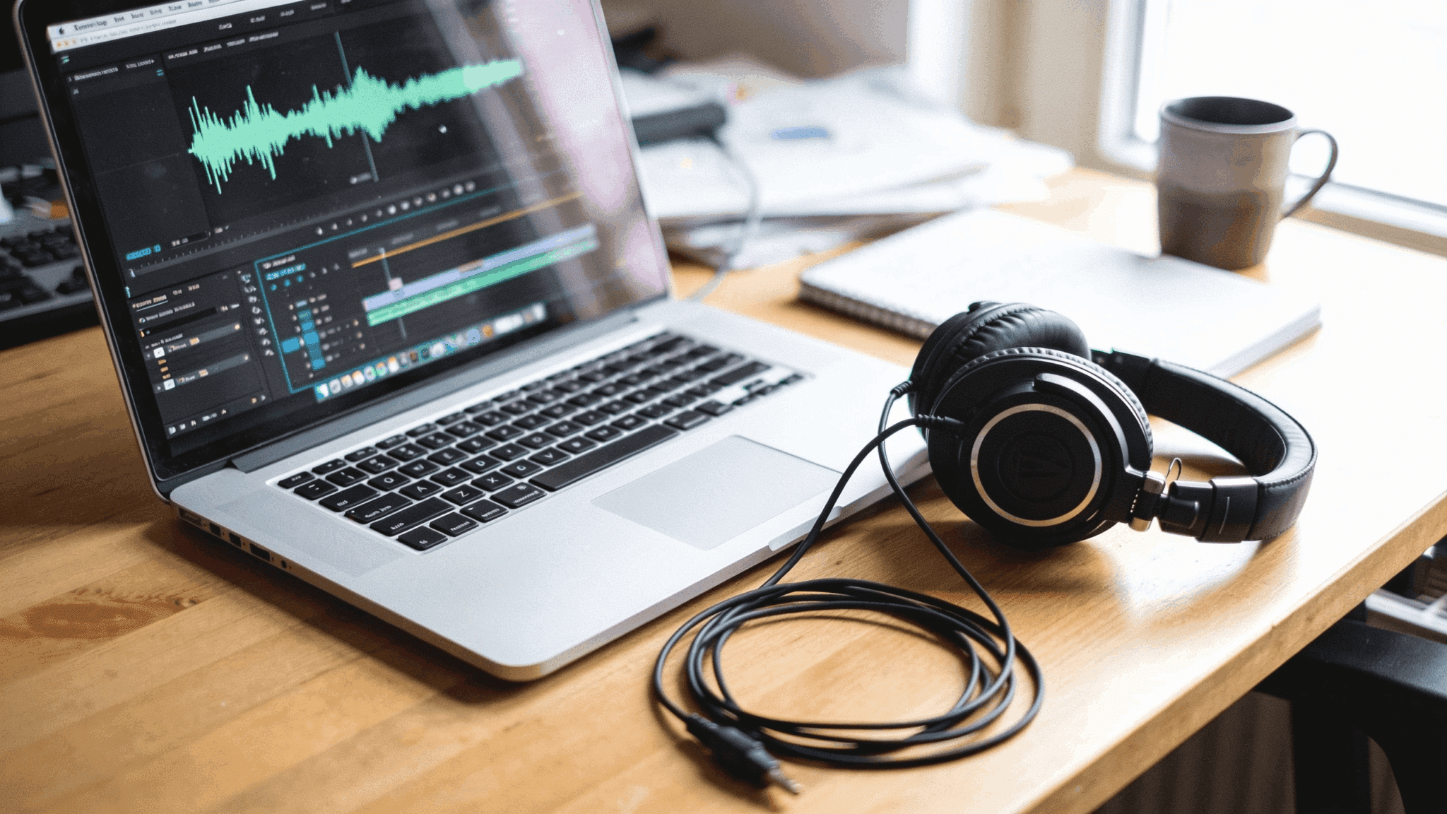 laptop displaying an audio waveform beside black headphones on a wooden desk near a window