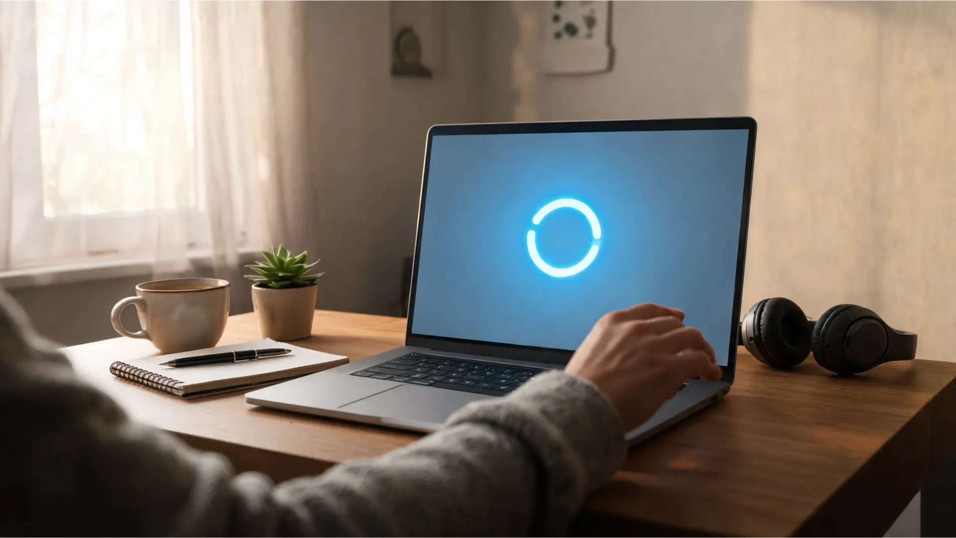 glowing blue ring on a laptop screen echoing the cortana virtual assistant listening animation