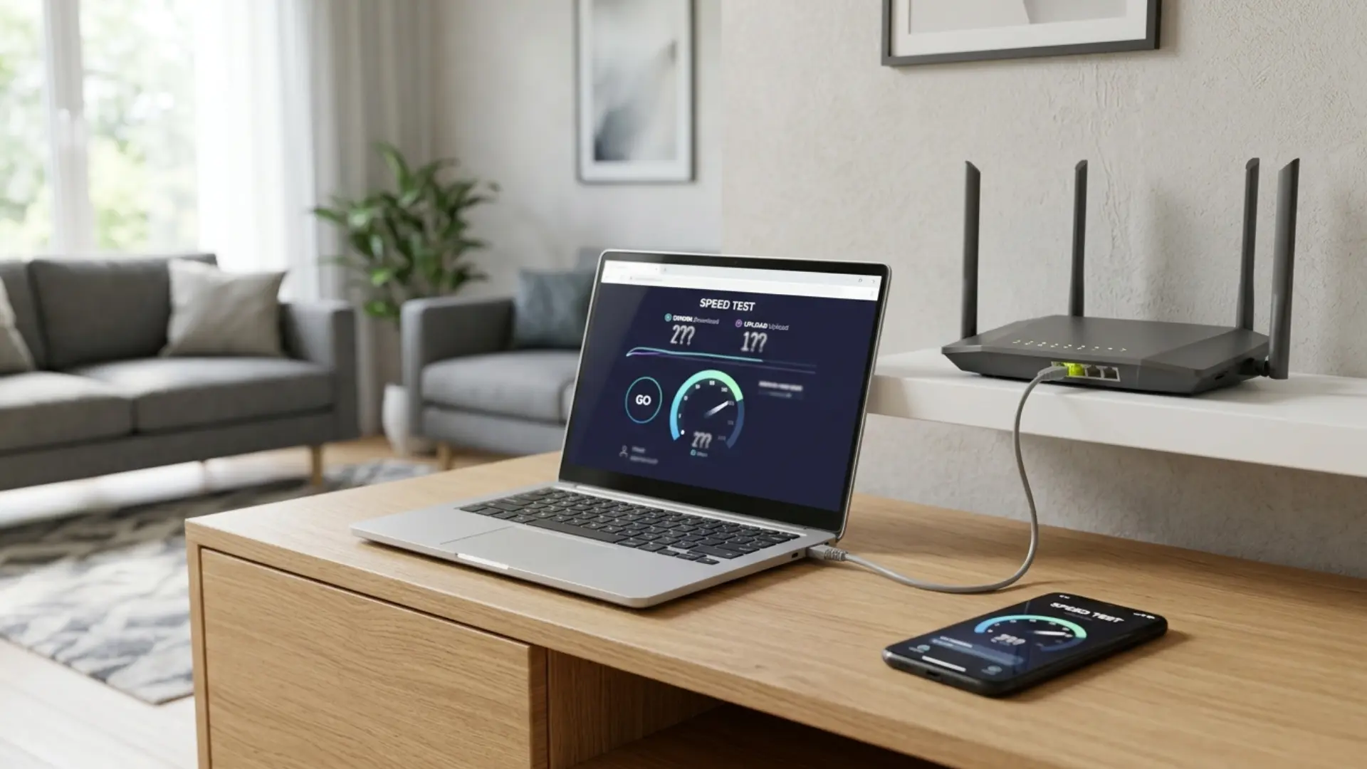 laptop on ethernet and phone on wifi testing internet beside a centrally positioned router