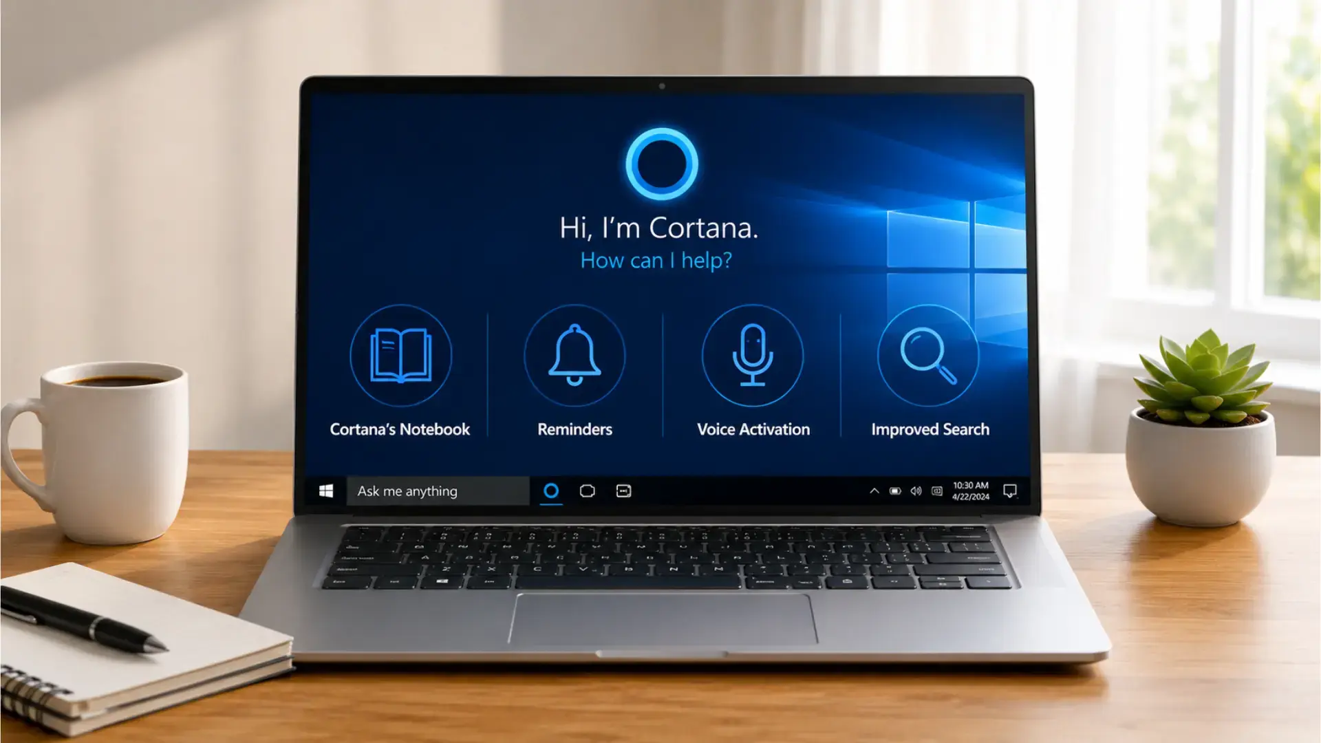 cortana virtual assistant screen showing its four main features notebook reminders voice activation file seach