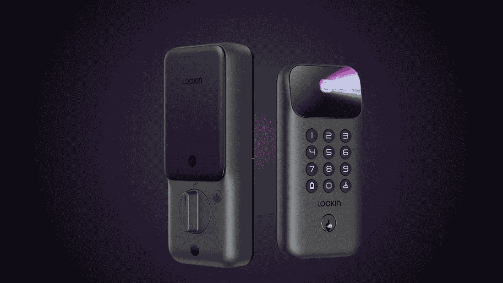 lockin smart lock with keypad and interior thumb turn shown against a dark purple background