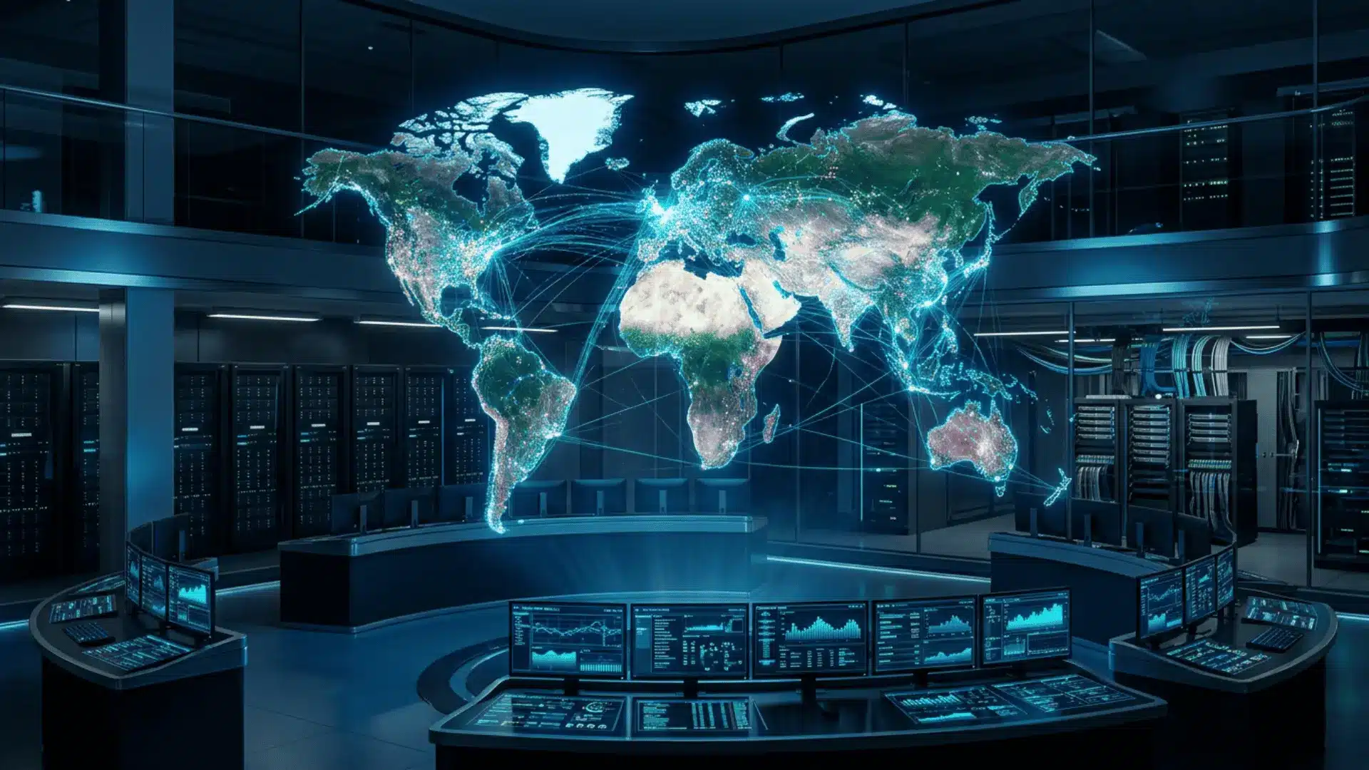 glowing world map with global network links floating above monitoring screens inside a dark modern data centre