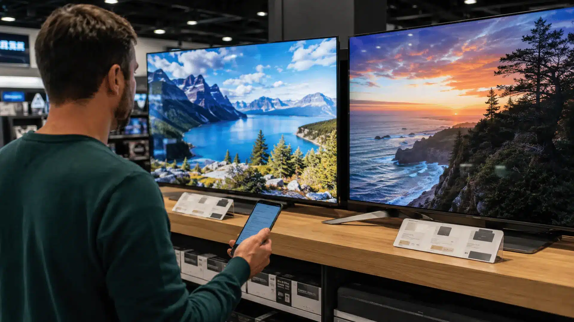 man comparing two large televisions displaying mountain and coastal landscapes in an electronics store