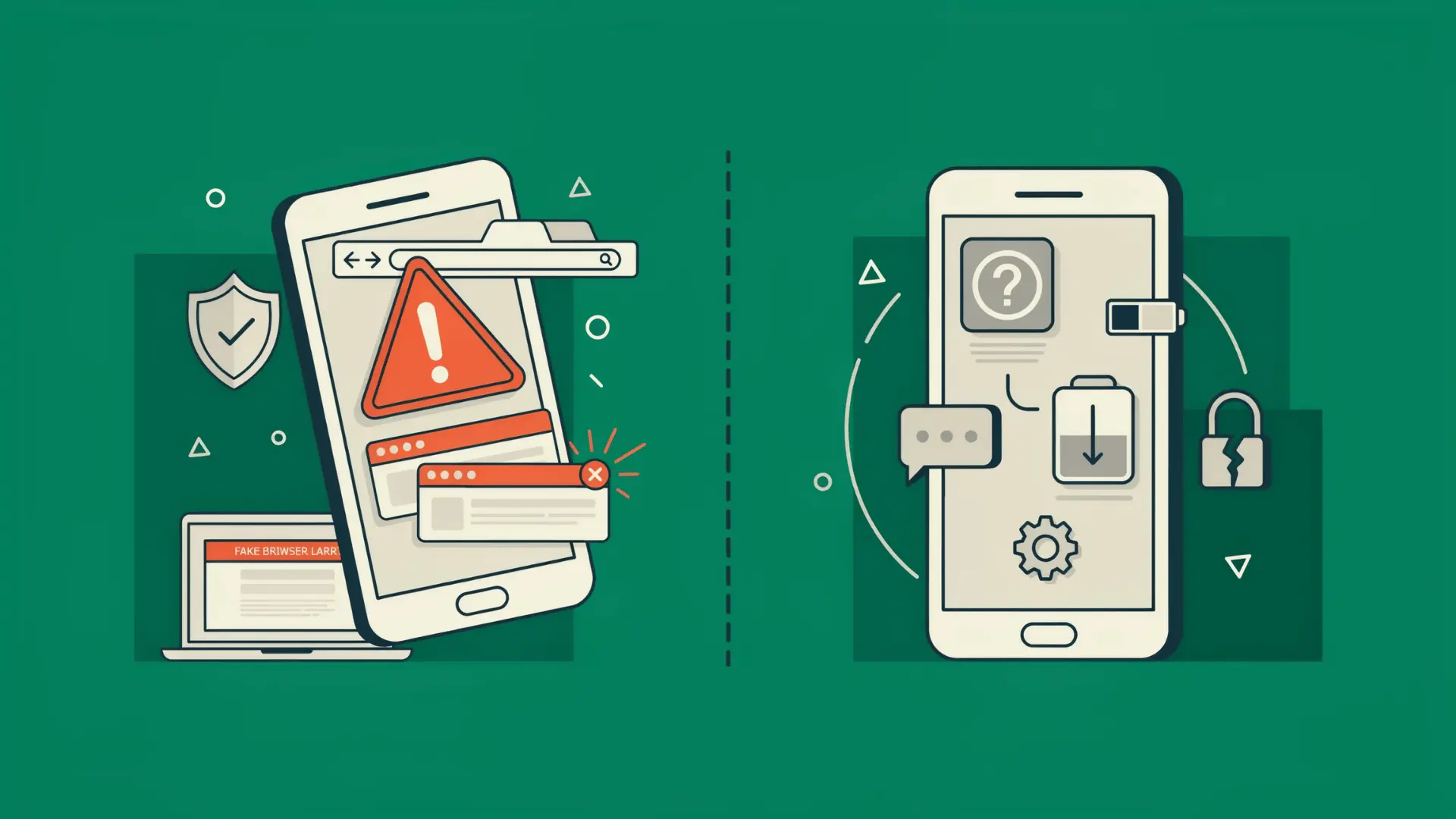 split vector showing fake browser alert on one phone and real malware symptoms on another