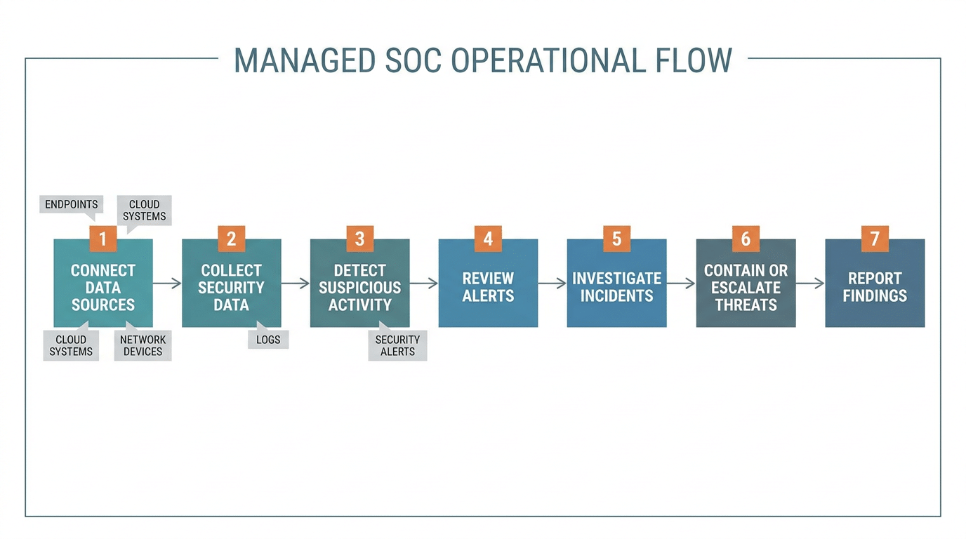 managed soc workflow from data collection and alert detection to investigation response and reporting
