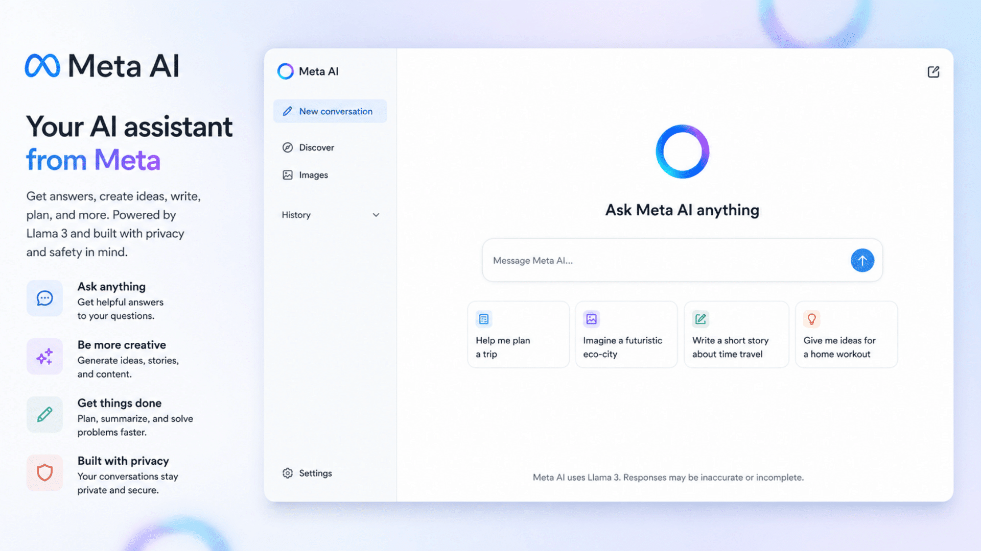 meta ai interface showing social integrated assistance messaging tools and quick everyday ai workflows