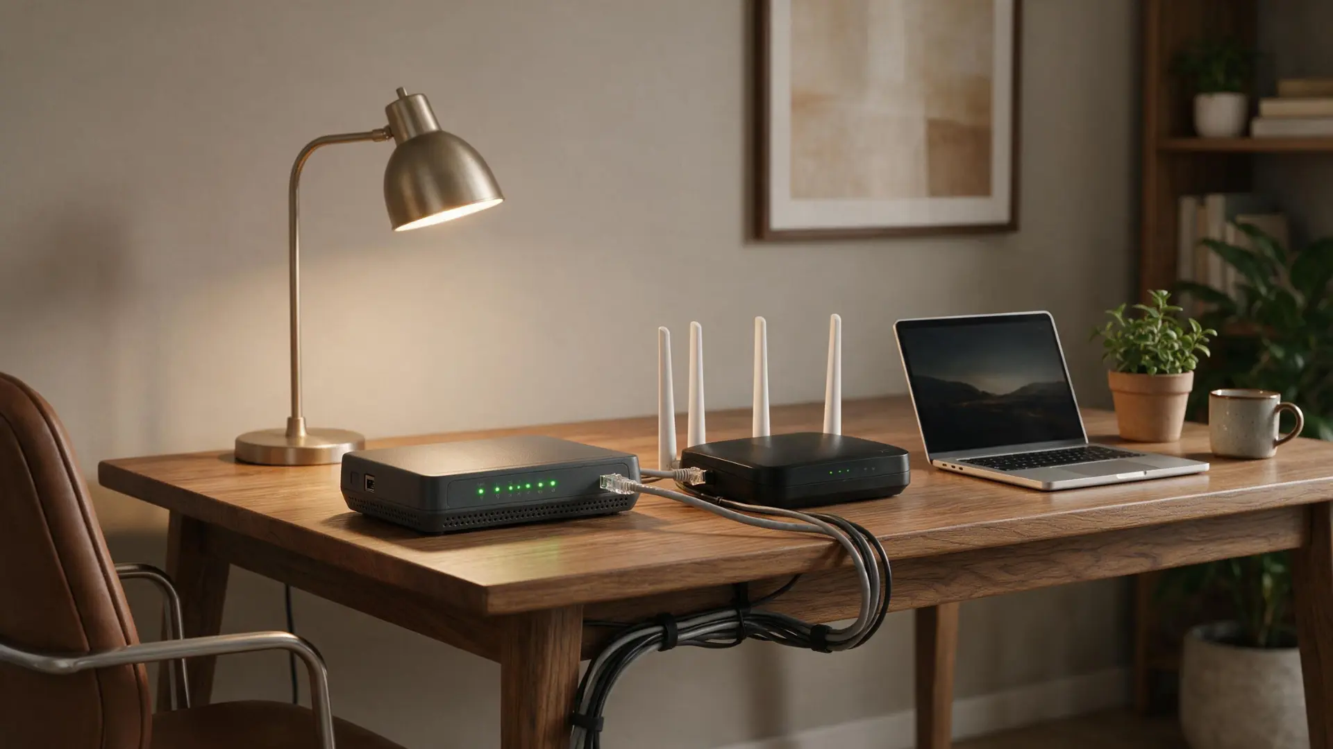 modem powering on first while steady indicator lights confirm a working home network setup