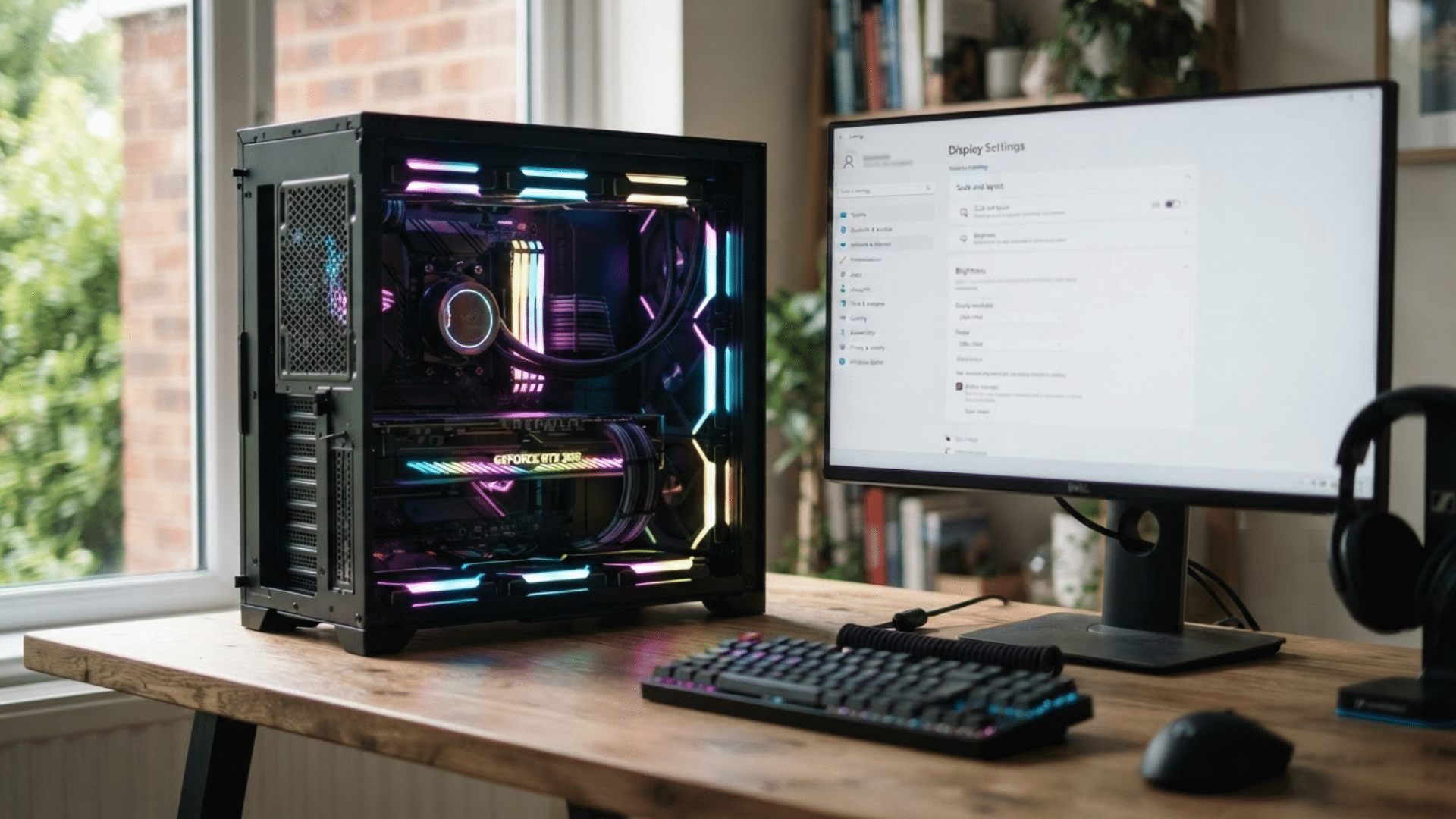 modern gaming pc setup with glowing graphics card and windows display in soft ambient light