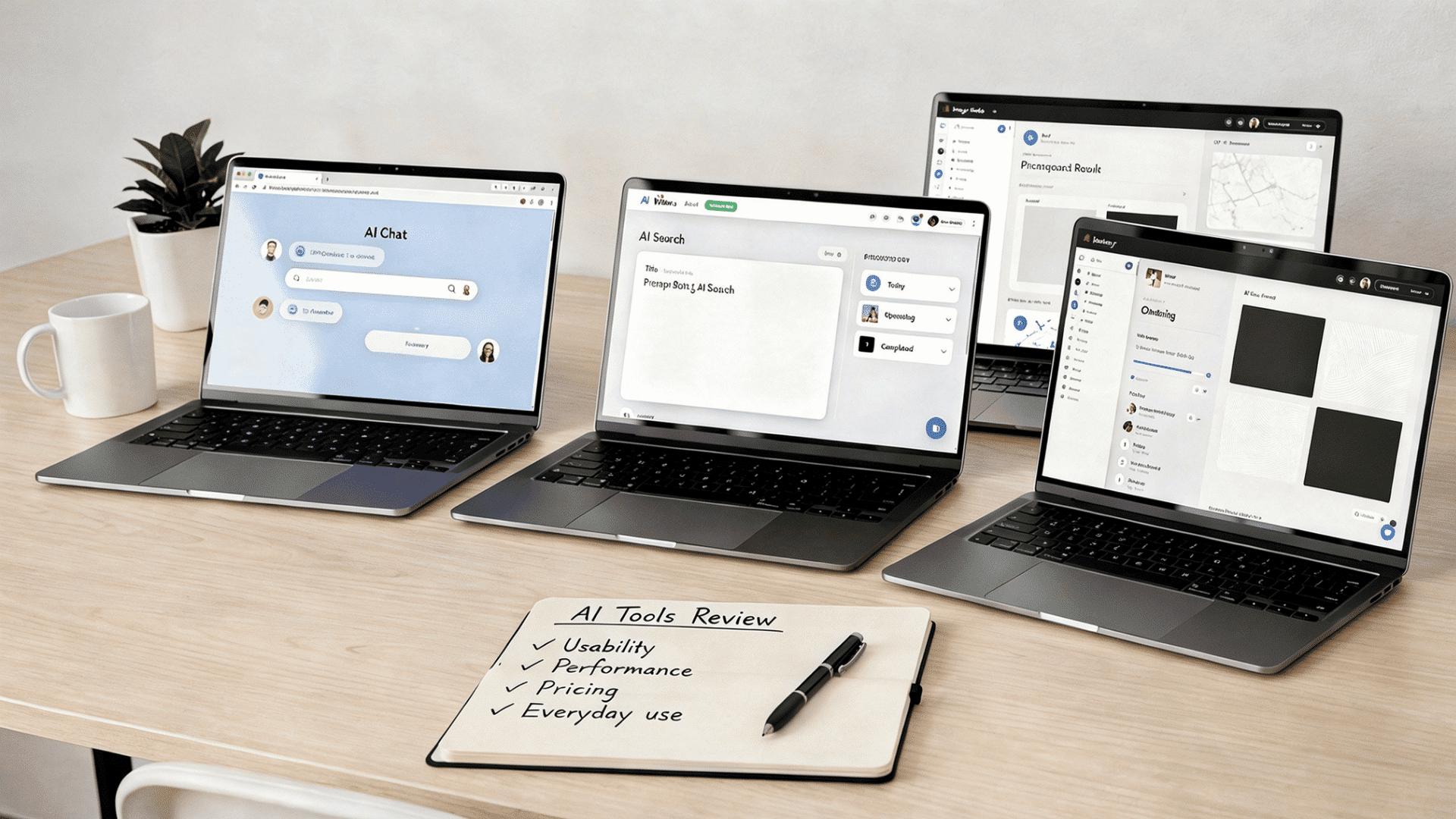 multiple laptops displaying ai tools on desk beside notebook listing review criteria and pen
