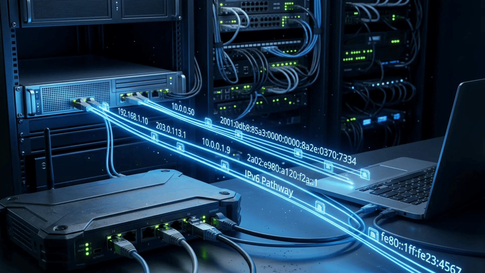 network servers router and laptop linked by glowing data paths labelled with internet protocol addresses