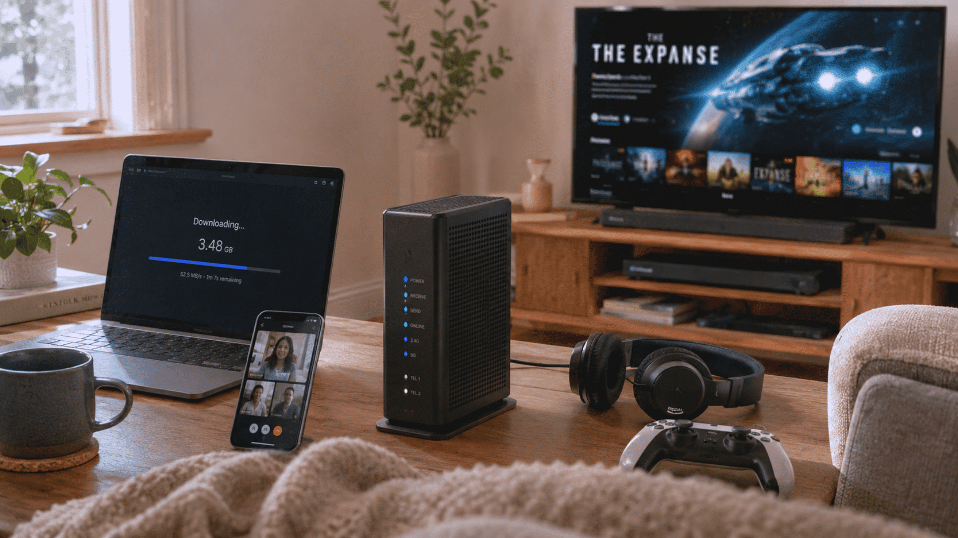 cozy home setup with router laptop download video call streaming television and gaming devices