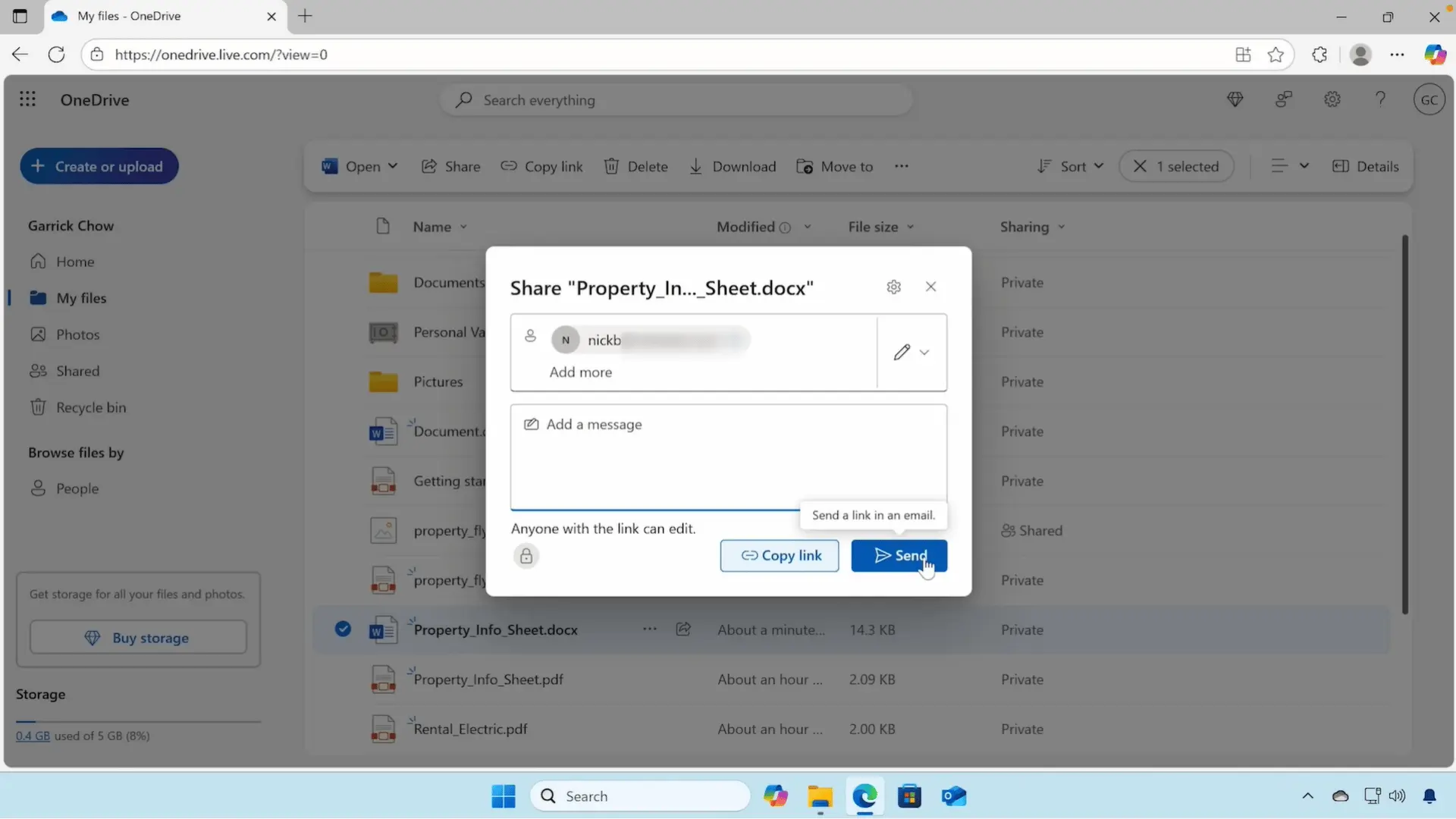 onedrive sharing window with view and edit permissions prepared for selected file recipients
