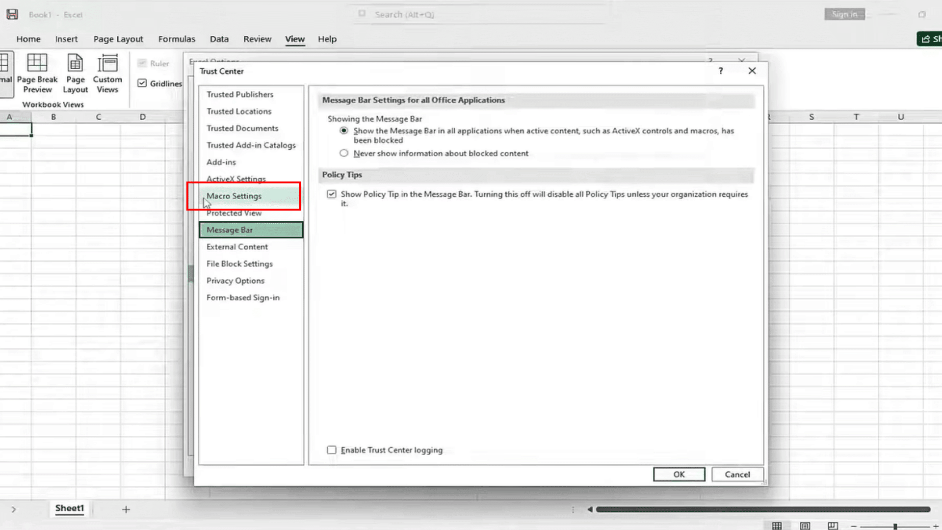 excel trust center window showing the macro settings option in the left dropdown menu