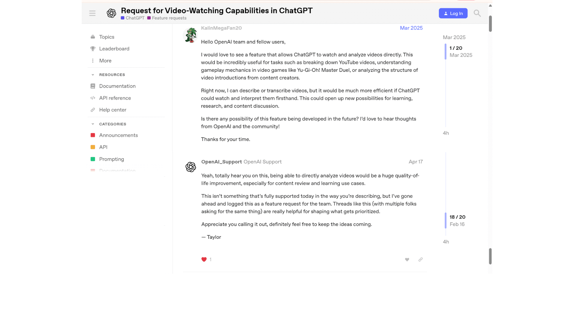openai community discussion about chatgpt video watching requests direct video analysis and user feedback
