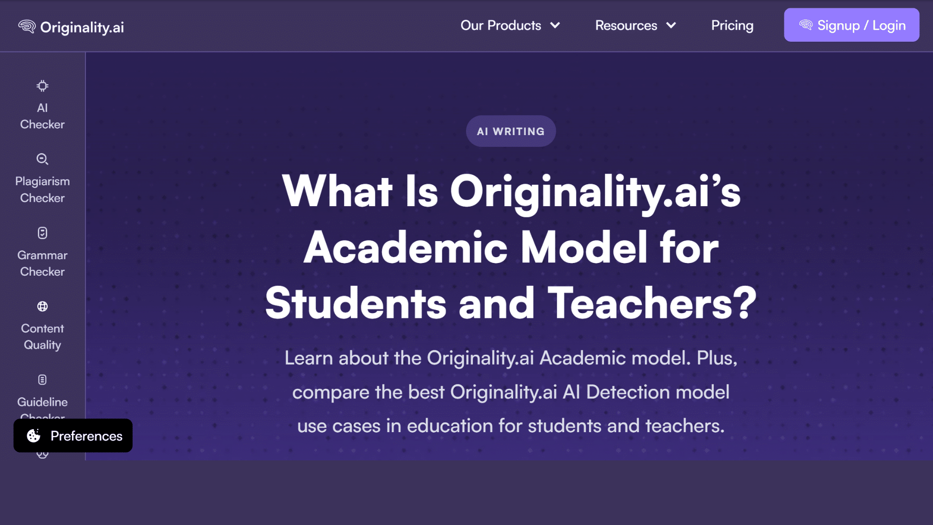 originality ai academic detector page showing tools for checking student writing for possible ai generated content