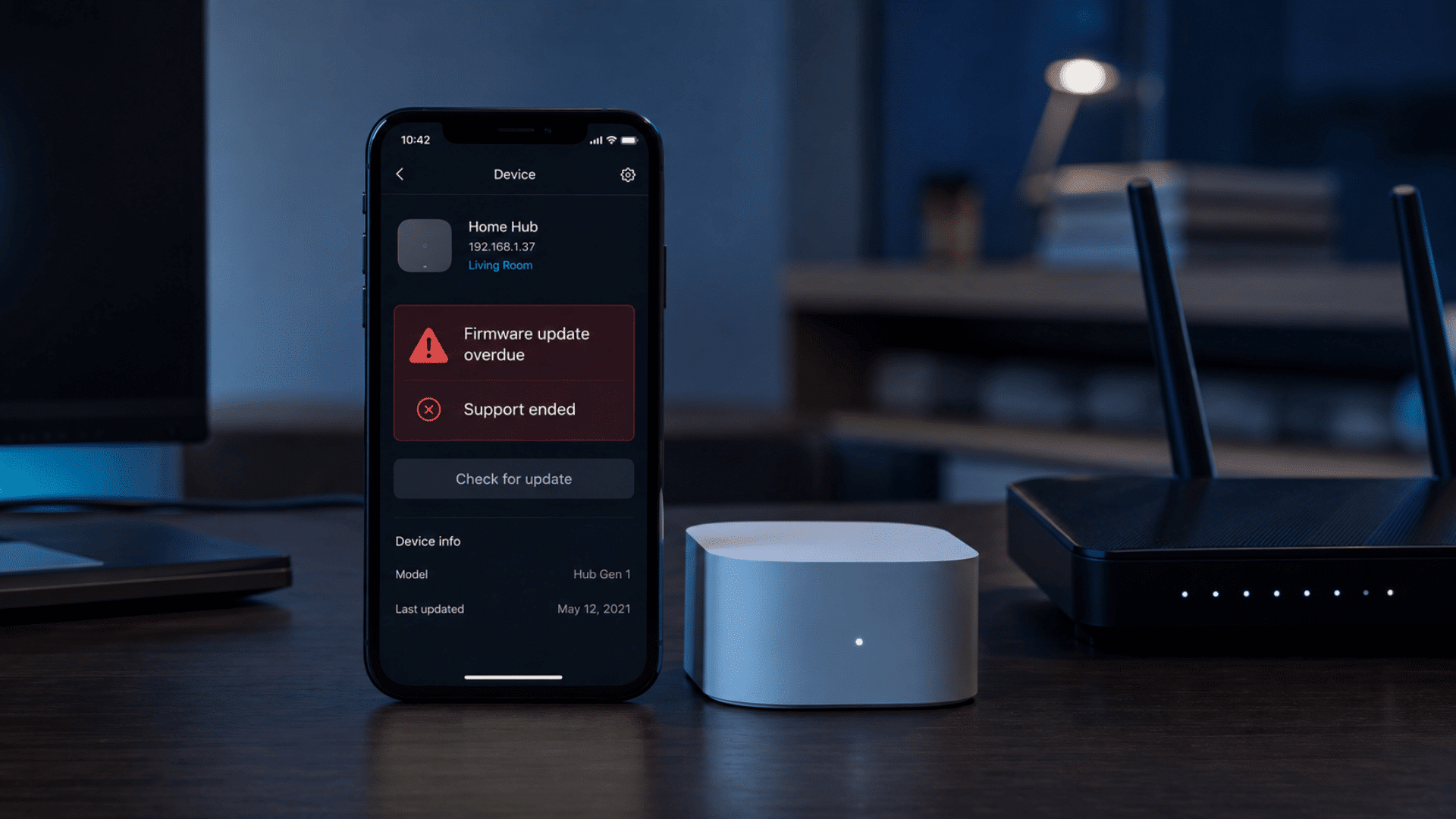 outdated firmware and ended support warning displayed on a smartphone beside a smart home device