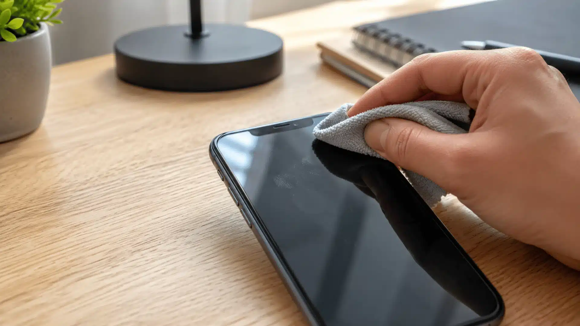 hand wiping fingerprints from a smartphone screen with a gray microfiber cloth on a bright light wooden desk