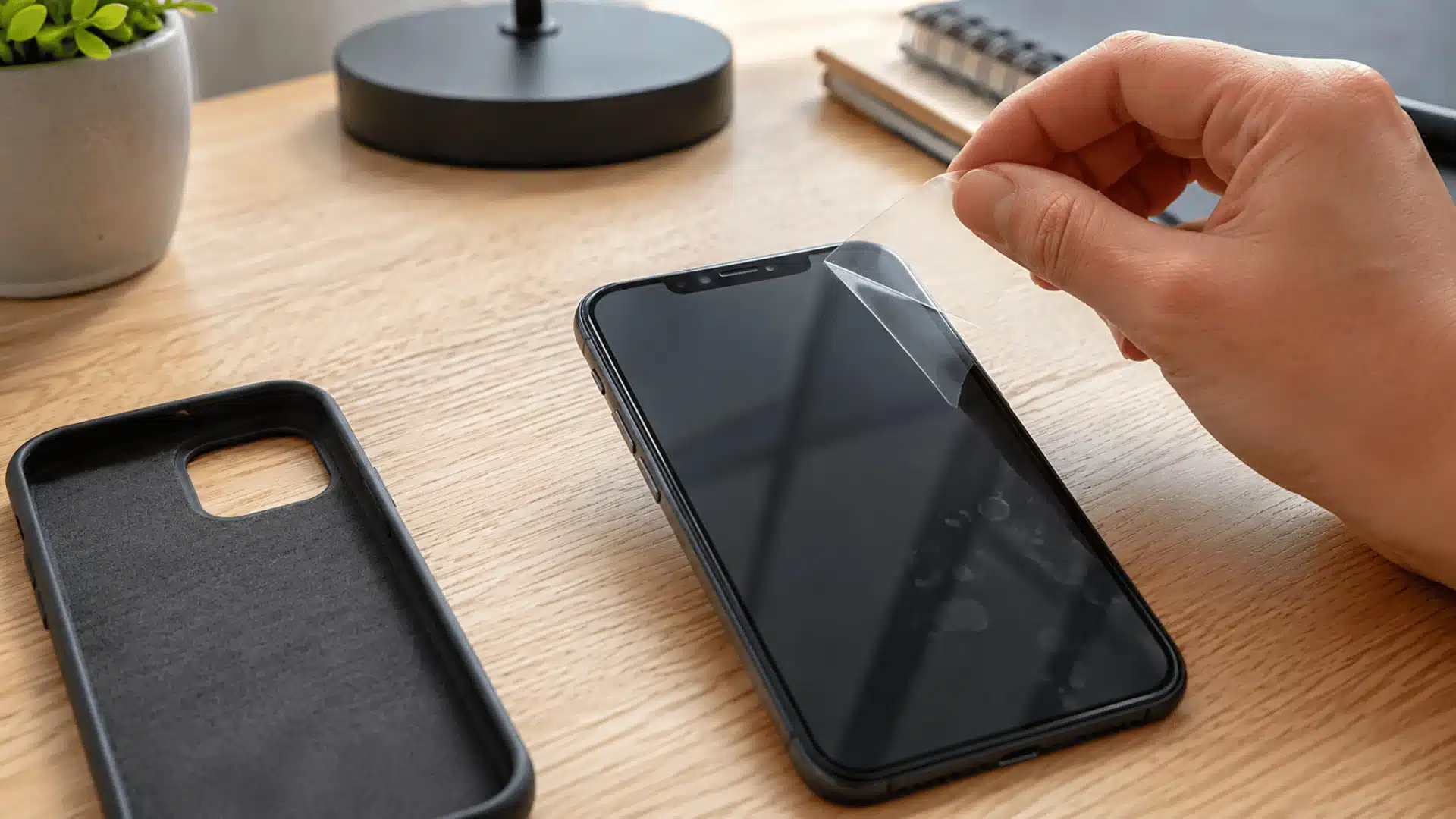 hand peeling a clear screen protector from a smartphone beside a removed black case on a light wooden desk