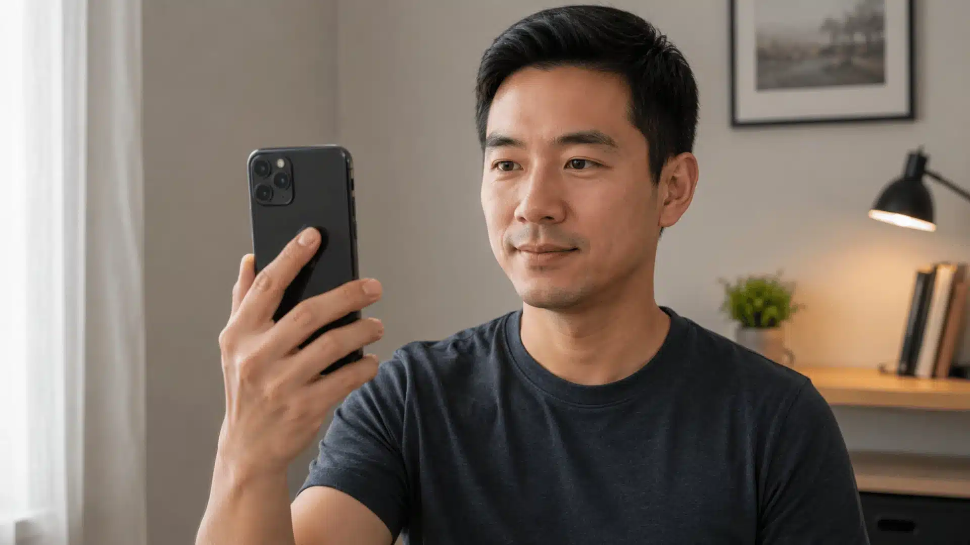 man looking at a smartphone while testing face recognition in a tidy home workspace with a desk lamp and shelves