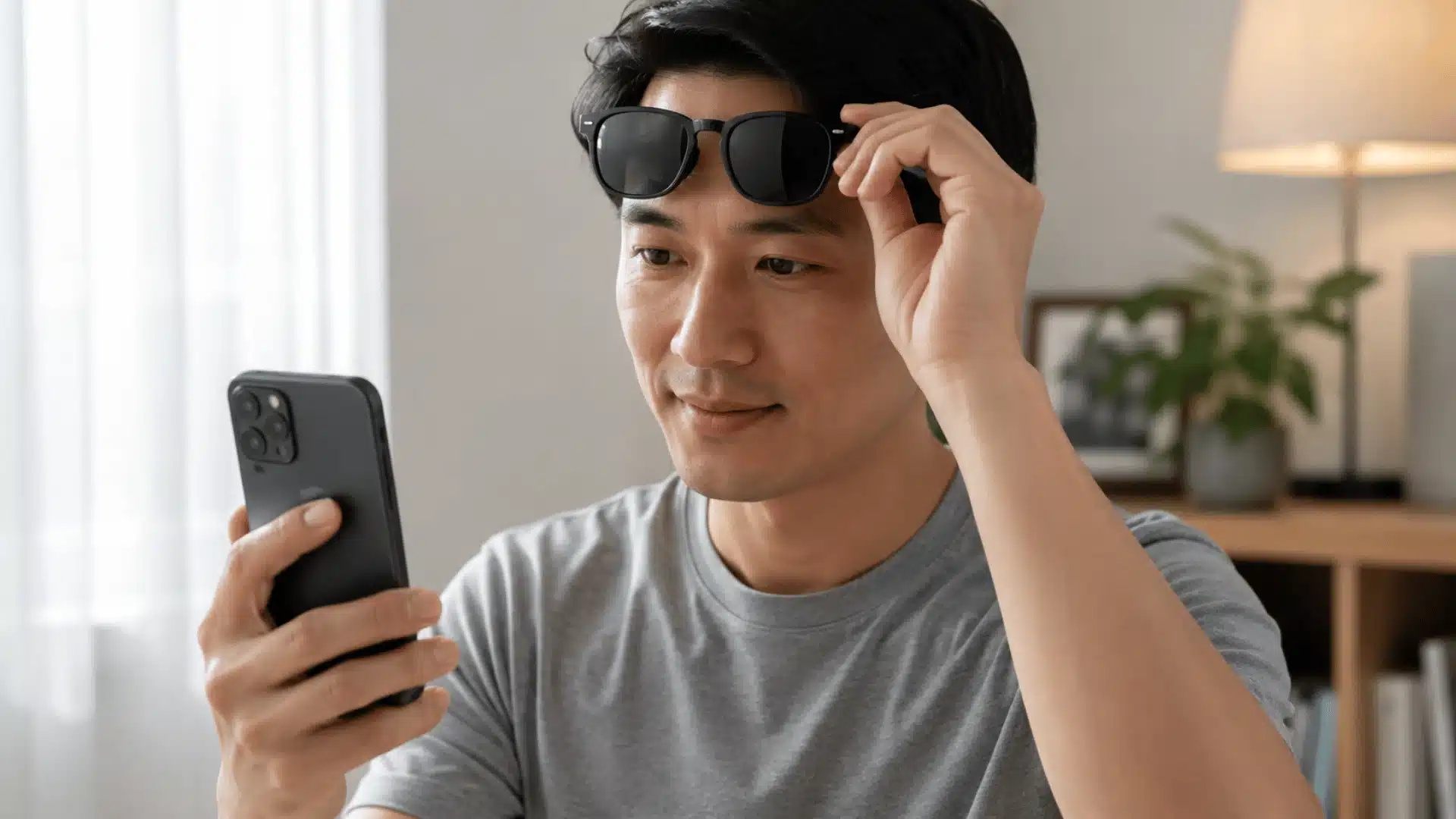 man lifting dark sunglasses while testing face recognition on a smartphone in a softly lit home office setting
